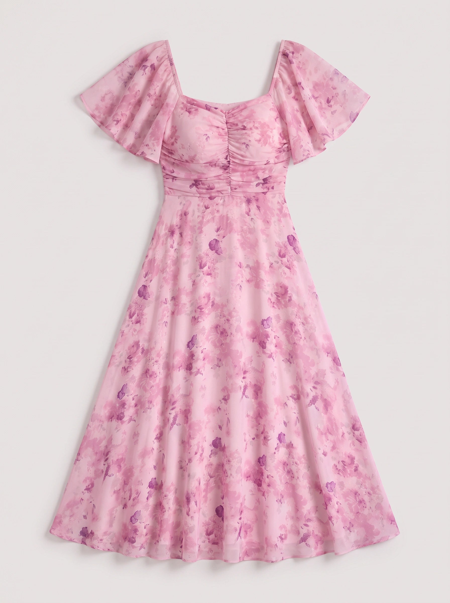 Petalia Flutter Sleeve Maxi Dress – Floral Pink Maxi Dress Women Wedding Guest Formal Evening Long Dress