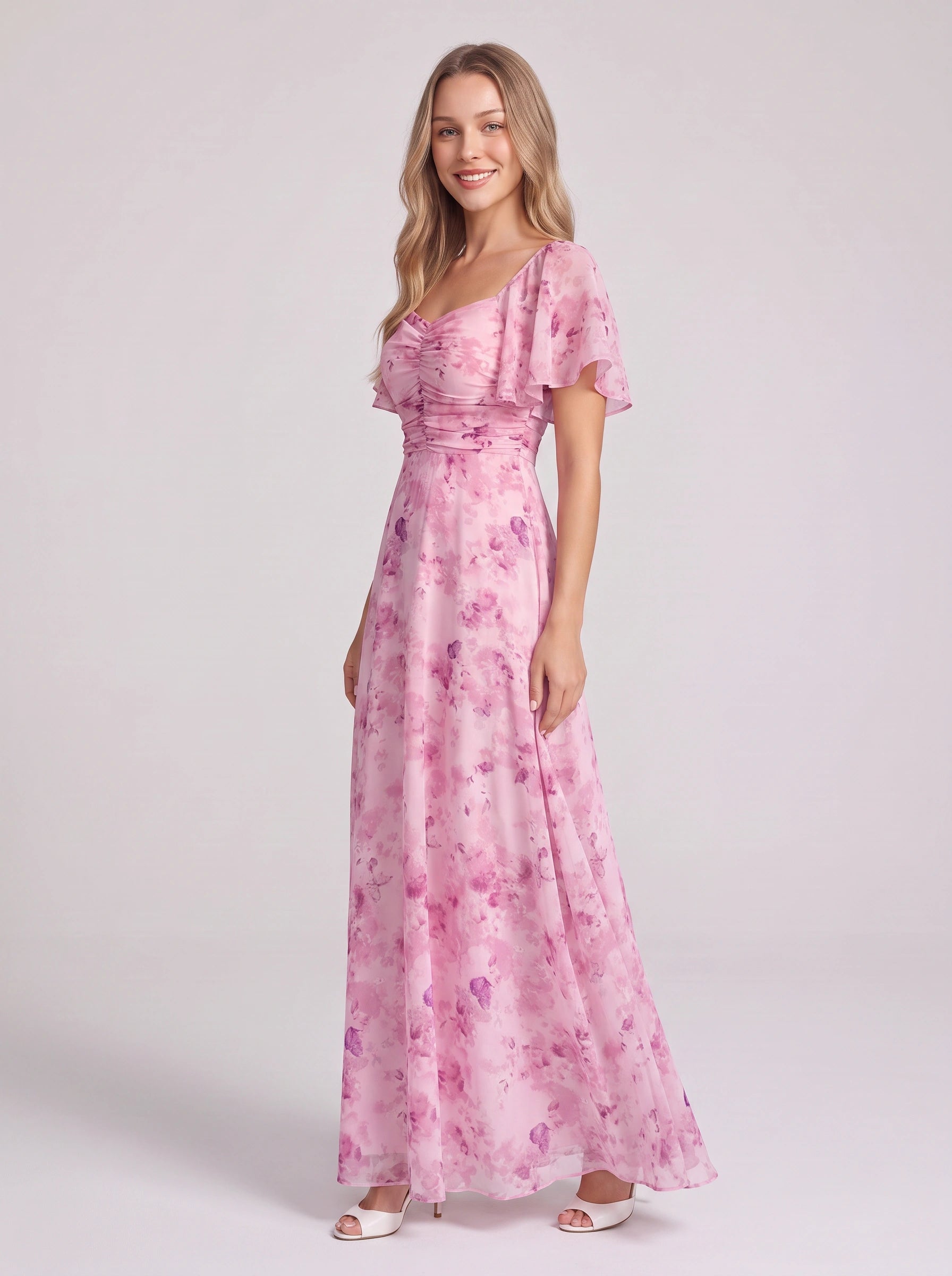 Petalia Flutter Sleeve Maxi Dress – Floral Pink Maxi Dress Women Wedding Guest Formal Evening Long Dress
