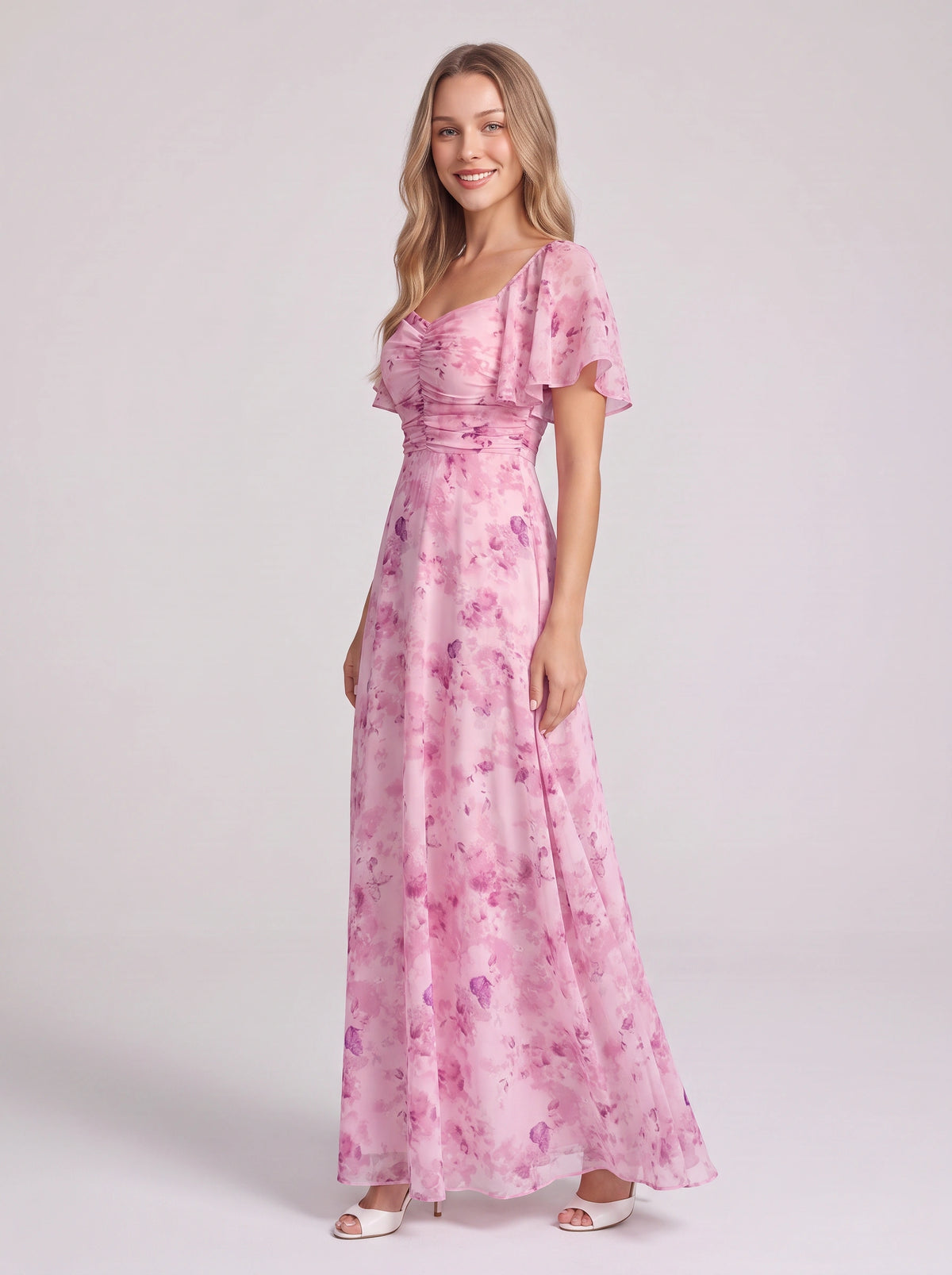 Petalia Flutter Sleeve Maxi Dress – Floral Pink Maxi Dress Women Wedding Guest Formal Evening Long Dress