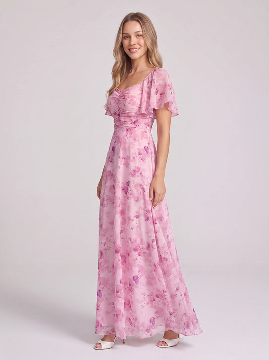 Petalia Flutter Sleeve Maxi Dress – Floral Pink Maxi Dress Women Wedding Guest Formal Evening Long Dress