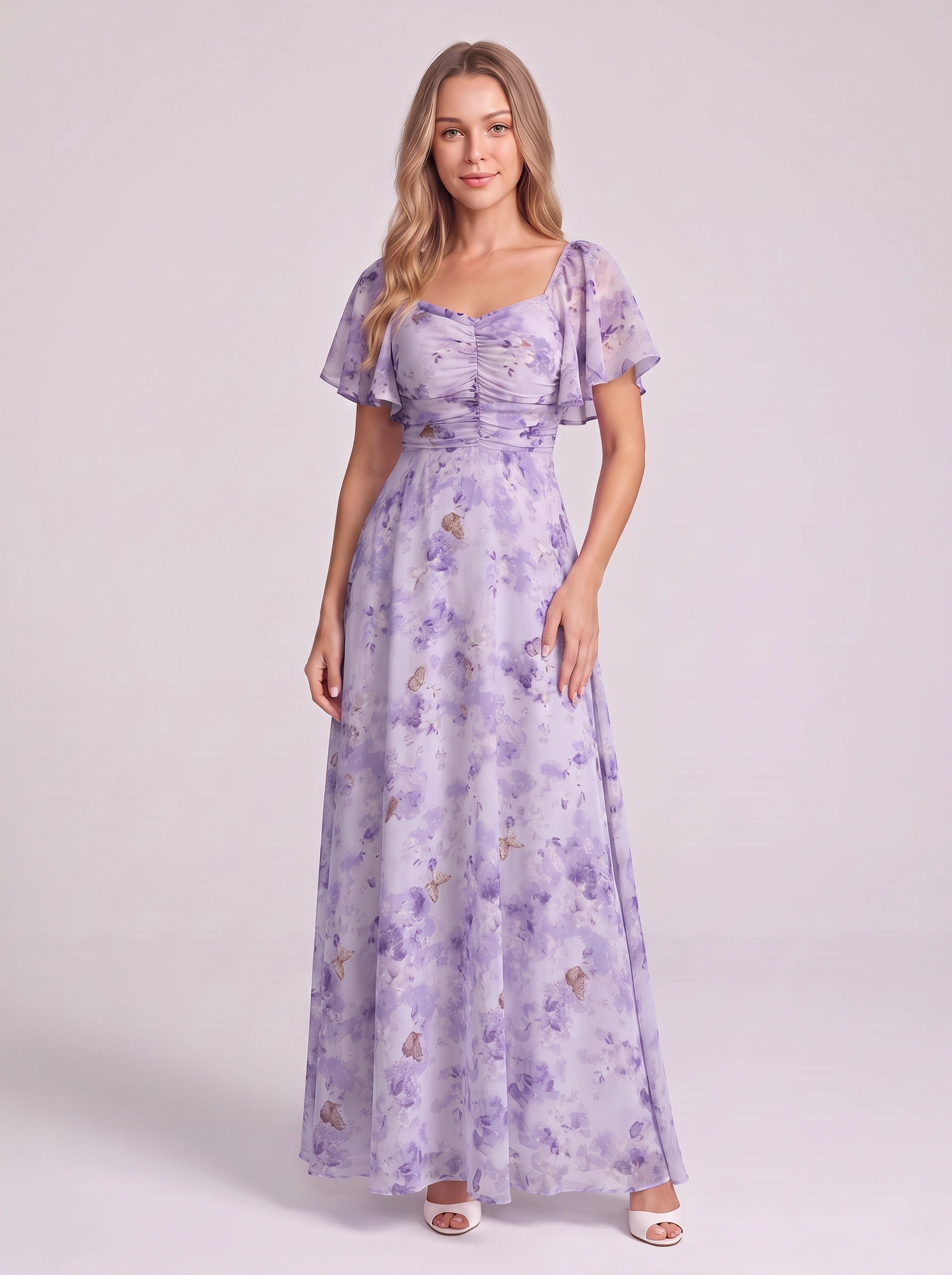 Petalia Flutter Sleeve Maxi Dress – Floral Pink Maxi Dress Women Wedding Guest Formal Evening Long Dress
