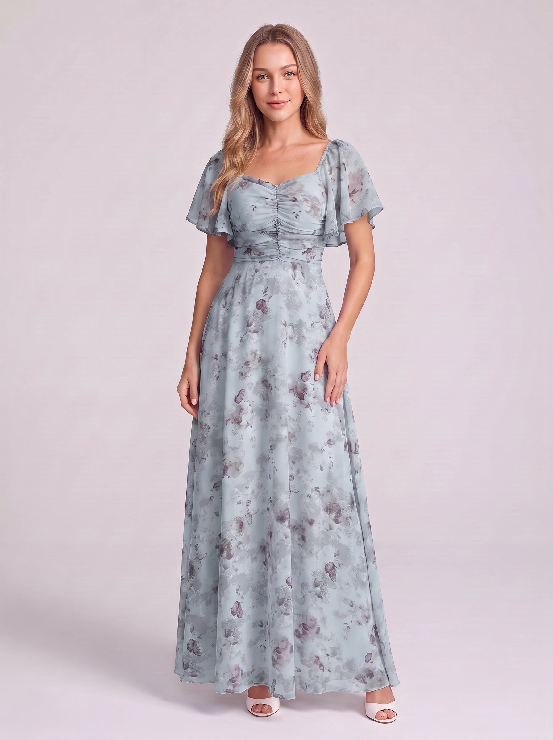 Petalia Flutter Sleeve Maxi Dress – Floral Pink Maxi Dress Women Wedding Guest Formal Evening Long Dress