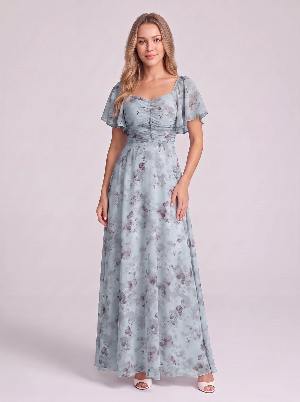 Petalia Flutter Sleeve Maxi Dress – Floral Pink Maxi Dress Women Wedding Guest Formal Evening Long Dress