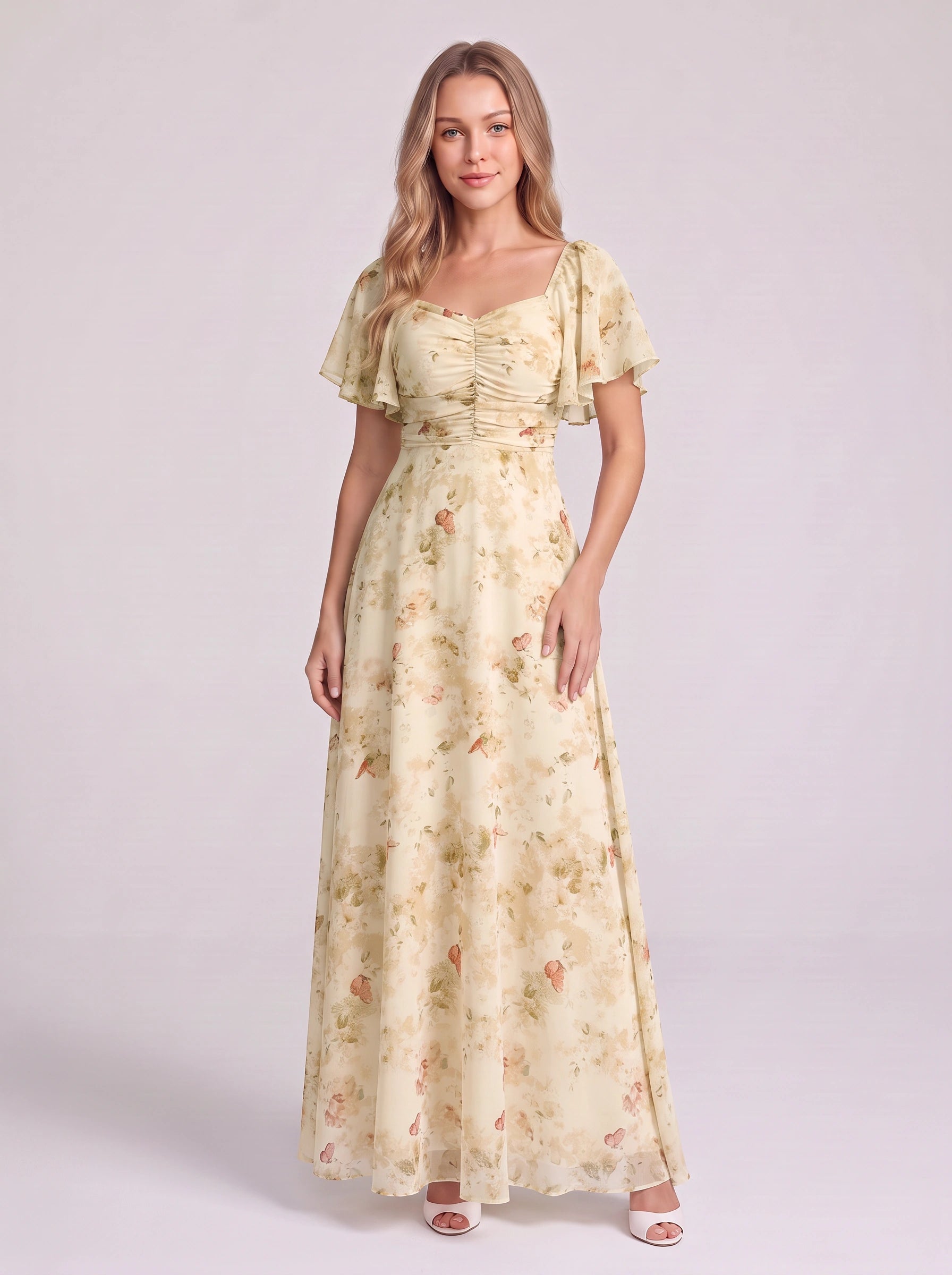Petalia Flutter Sleeve Maxi Dress – Floral Pink Maxi Dress Women Wedding Guest Formal Evening Long Dress
