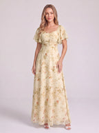 Petalia Flutter Sleeve Maxi Dress – Floral Pink Maxi Dress Women Wedding Guest Formal Evening Long Dress