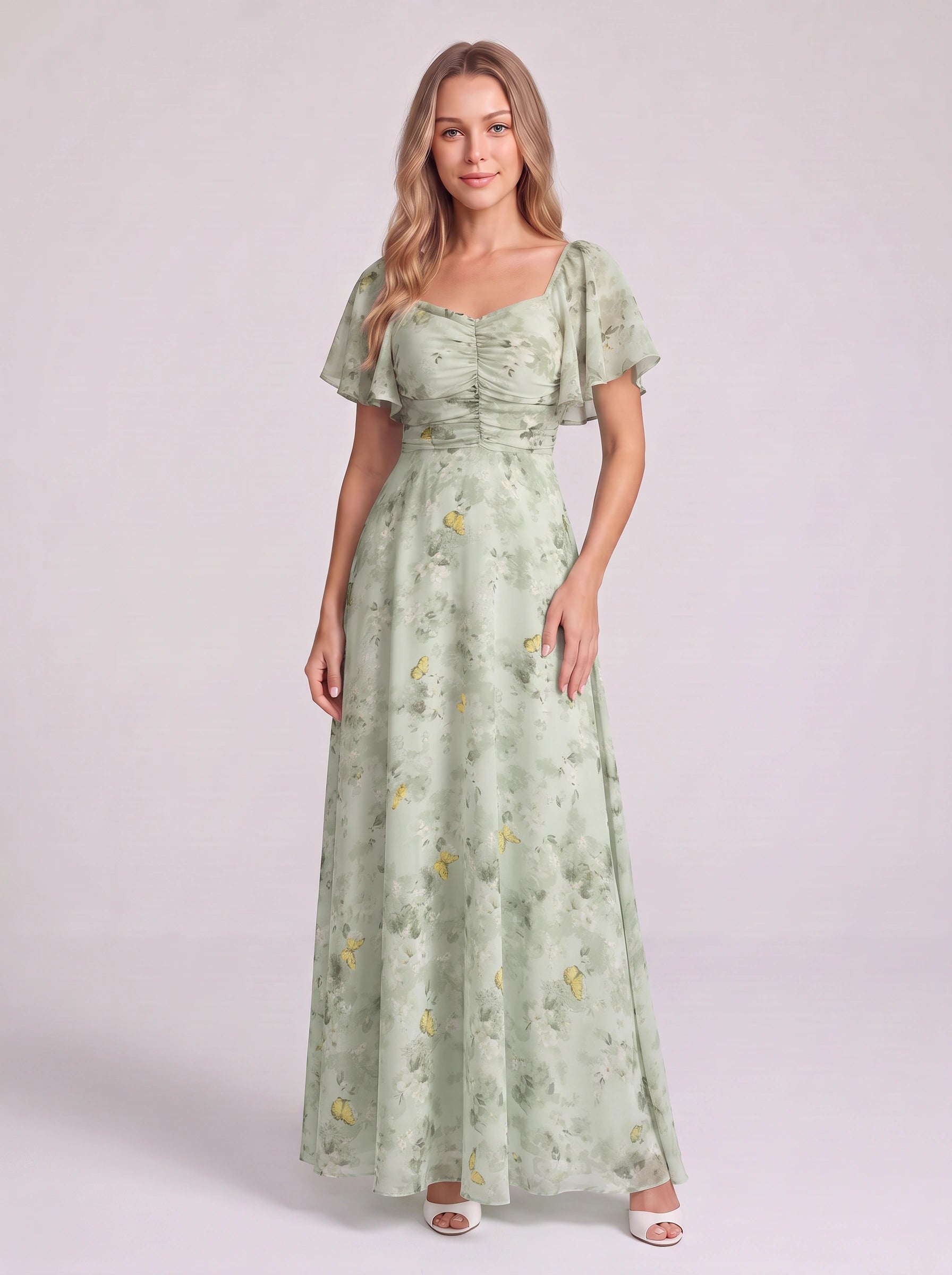 Petalia Flutter Sleeve Maxi Dress – Floral Pink Maxi Dress Women Wedding Guest Formal Evening Long Dress