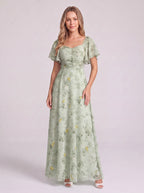 Petalia Flutter Sleeve Maxi Dress – Floral Pink Maxi Dress Women Wedding Guest Formal Evening Long Dress
