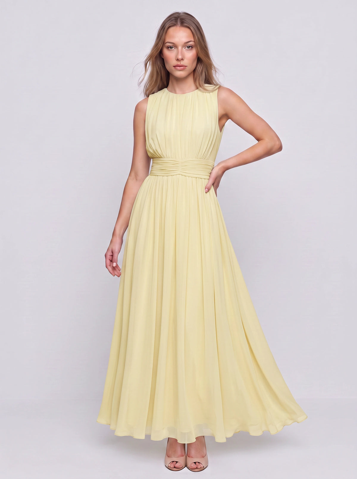 Cintura Gathered Waist Maxi Dress – Chiffon Bridesmaid Wedding Guest Women Formal Evening Sleeveless Maxi Dress