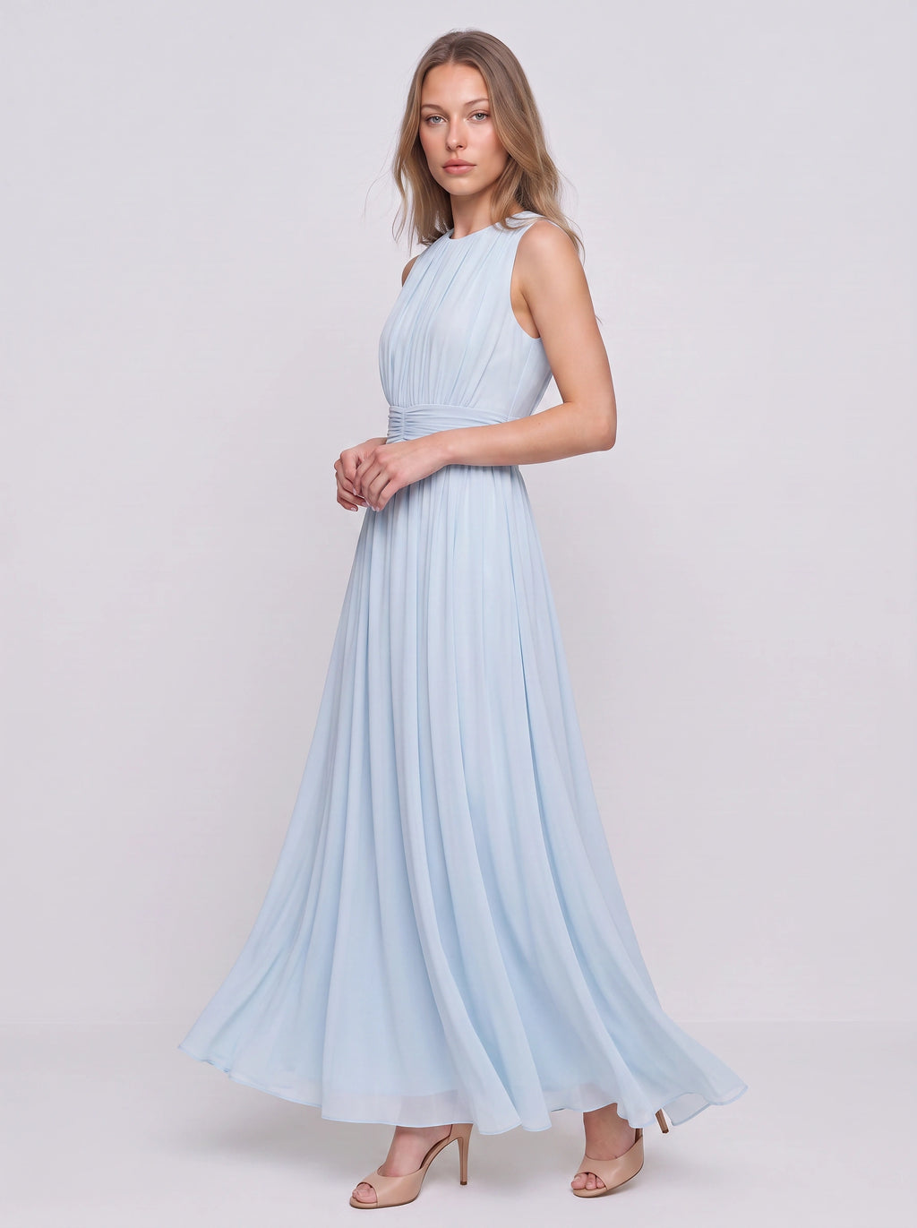 Cintura Gathered Waist Maxi Dress – Chiffon Bridesmaid Wedding Guest Women Formal Evening Sleeveless Maxi Dress