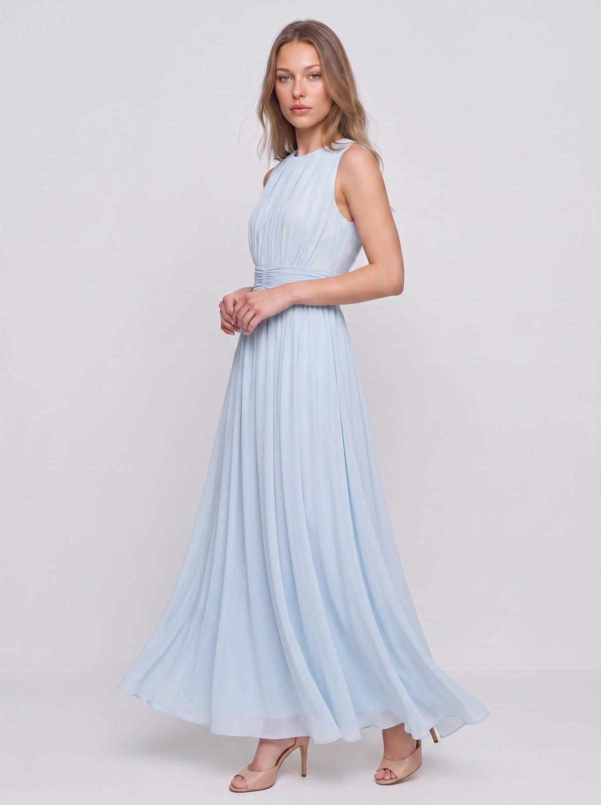 Cintura Gathered Waist Maxi Dress – Chiffon Bridesmaid Wedding Guest Women Formal Evening Sleeveless Maxi Dress