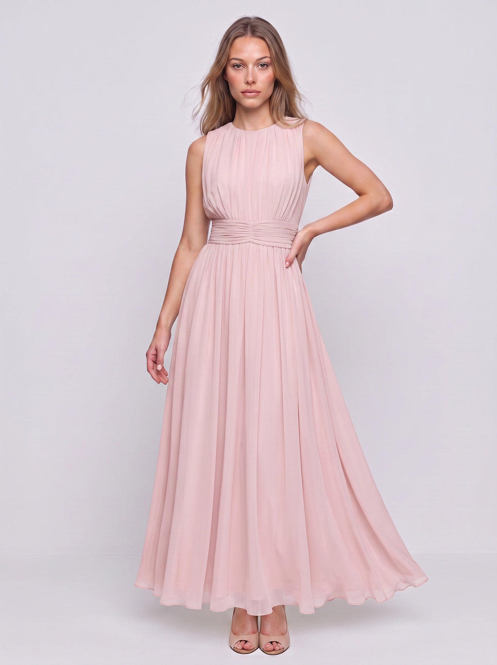 Cintura Gathered Waist Maxi Dress – Chiffon Bridesmaid Wedding Guest Women Formal Evening Sleeveless Maxi Dress