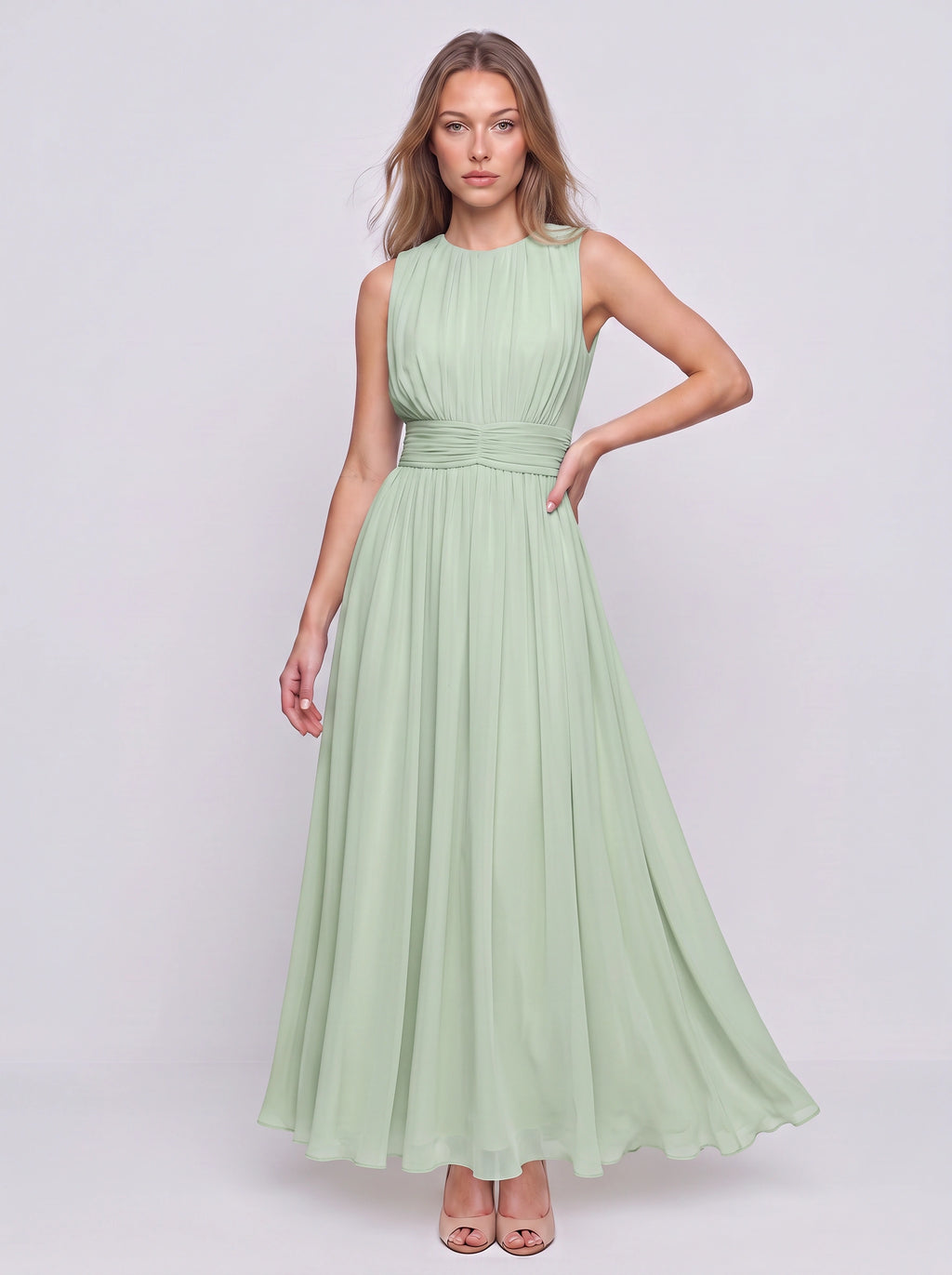 Cintura Gathered Waist Maxi Dress – Chiffon Bridesmaid Wedding Guest Women Formal Evening Sleeveless Maxi Dress