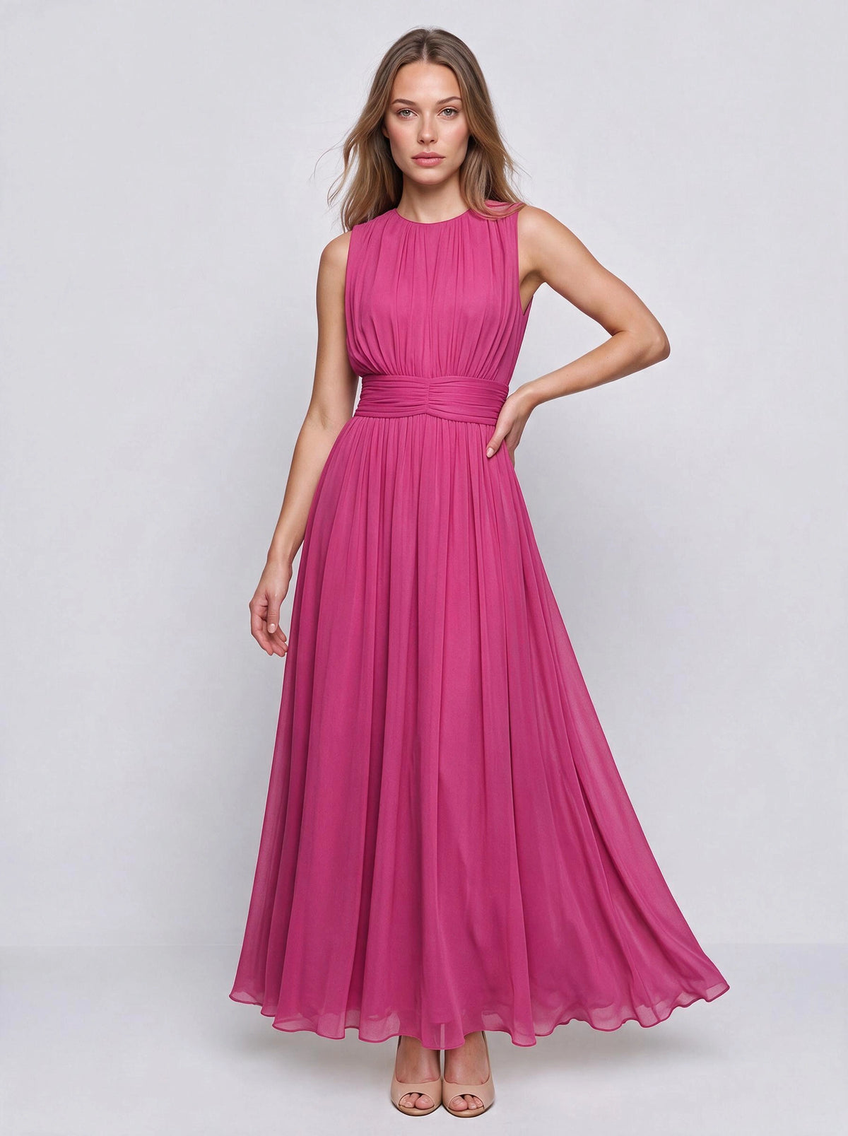 Cintura Gathered Waist Maxi Dress – Chiffon Bridesmaid Wedding Guest Women Formal Evening Sleeveless Maxi Dress