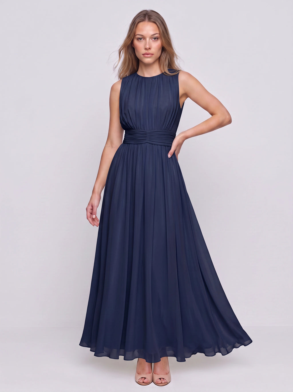 Cintura Gathered Waist Maxi Dress – Chiffon Bridesmaid Wedding Guest Women Formal Evening Sleeveless Maxi Dress