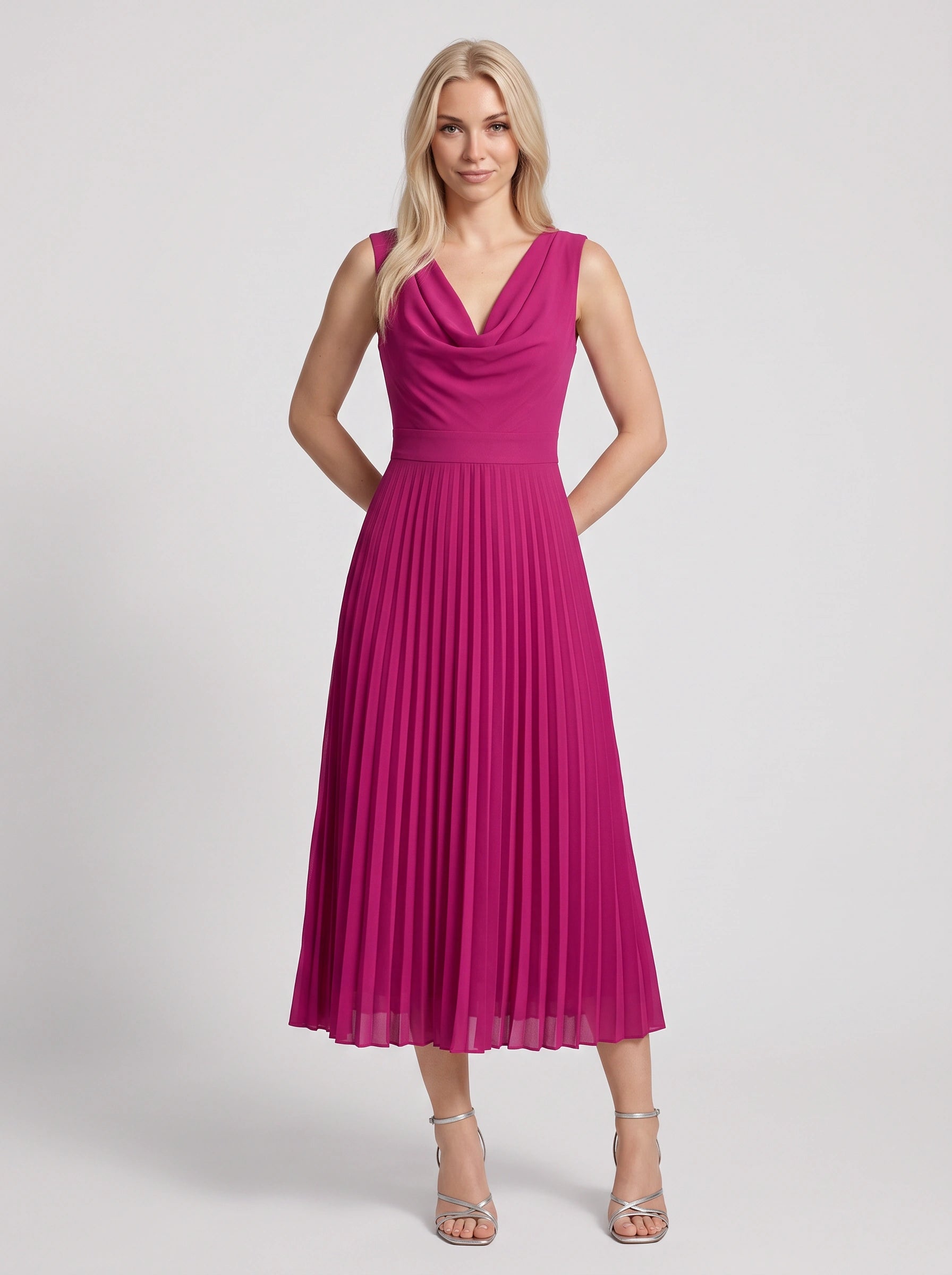 Drapena Cowl Neck Pleated Maxi Dress – Sleeveless Elegant Evening Women Formal Wedding Guest Maxi Dress