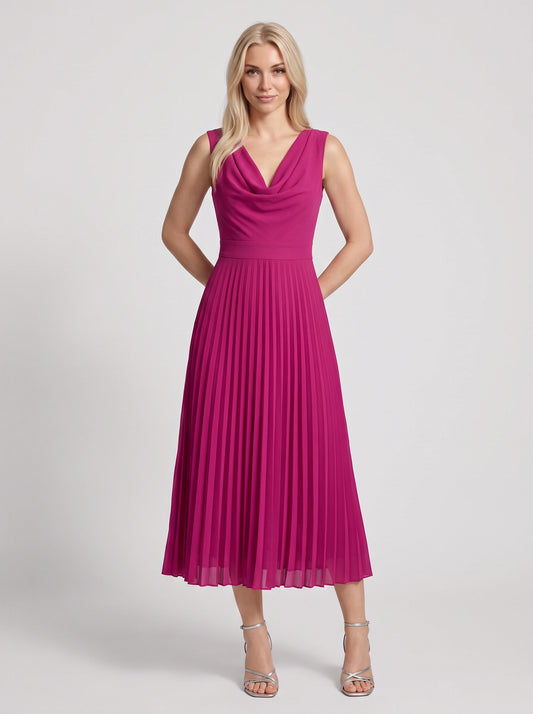 Drapena Cowl Neck Pleated Maxi Dress – Sleeveless Elegant Evening Women Formal Wedding Guest Maxi Dress