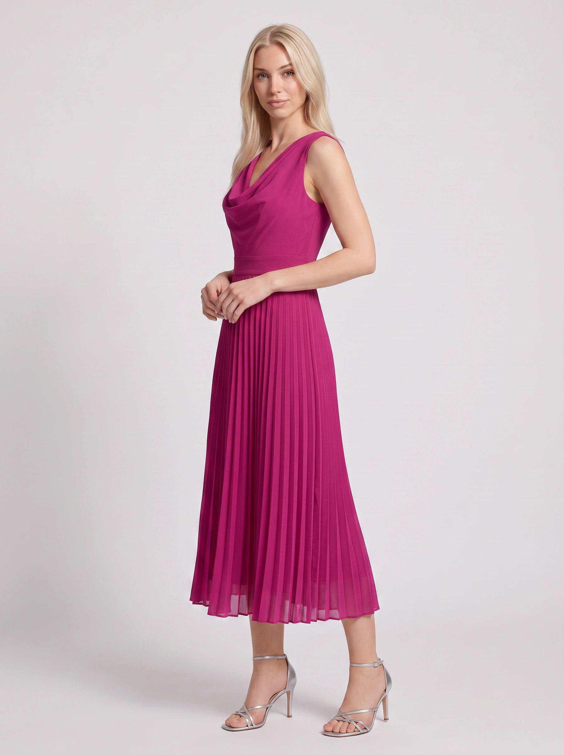 Drapena Cowl Neck Pleated Maxi Dress – Sleeveless Elegant Evening Women Formal Wedding Guest Maxi Dress