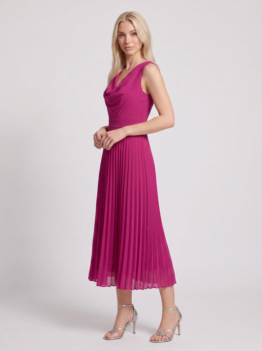 Drapena Cowl Neck Pleated Maxi Dress – Sleeveless Elegant Evening Women Formal Wedding Guest Maxi Dress