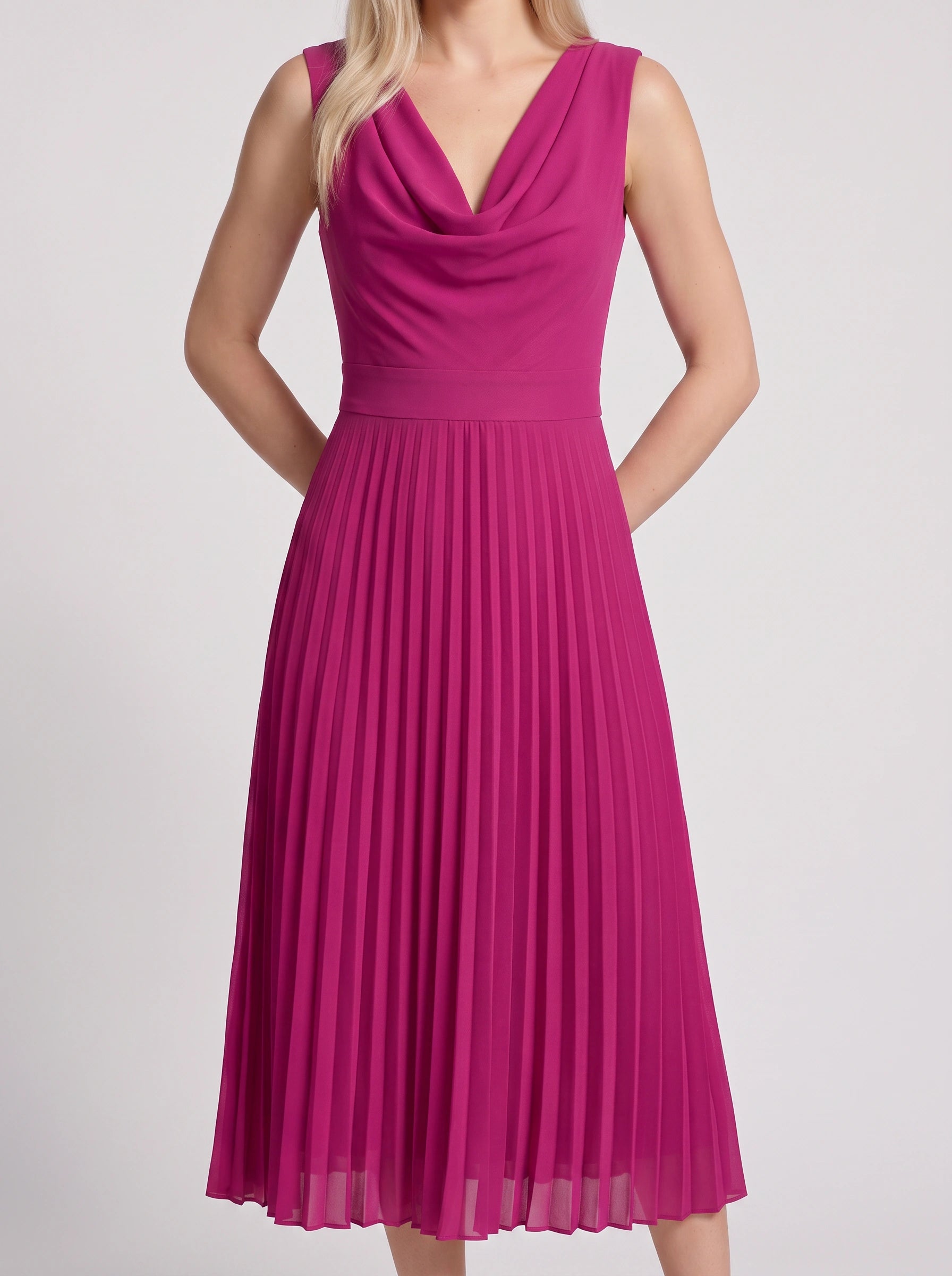 Drapena Cowl Neck Pleated Maxi Dress – Sleeveless Elegant Evening Women Formal Wedding Guest Maxi Dress
