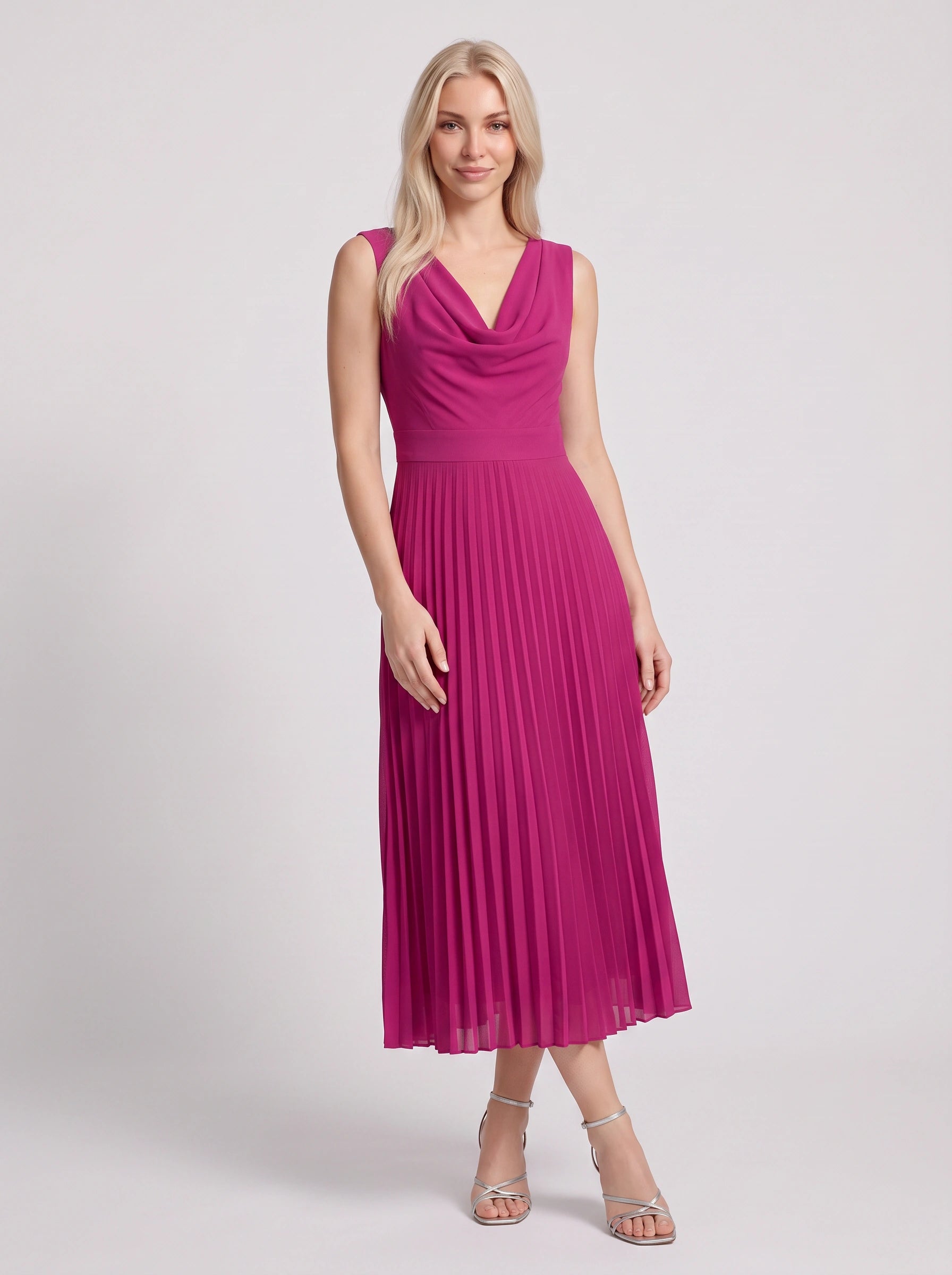 Drapena Cowl Neck Pleated Maxi Dress – Sleeveless Elegant Evening Women Formal Wedding Guest Maxi Dress