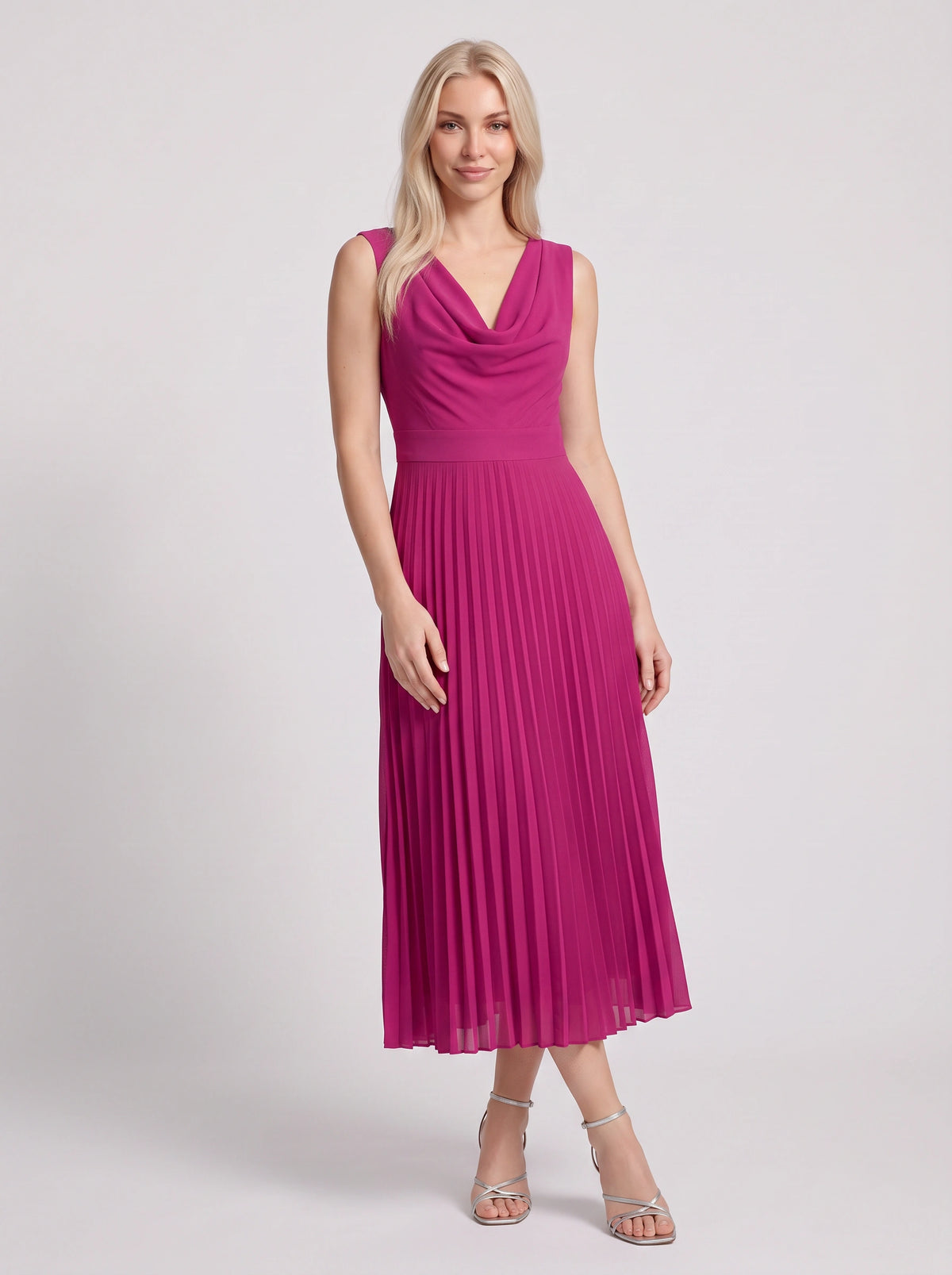 Drapena Cowl Neck Pleated Maxi Dress – Sleeveless Elegant Evening Women Formal Wedding Guest Maxi Dress