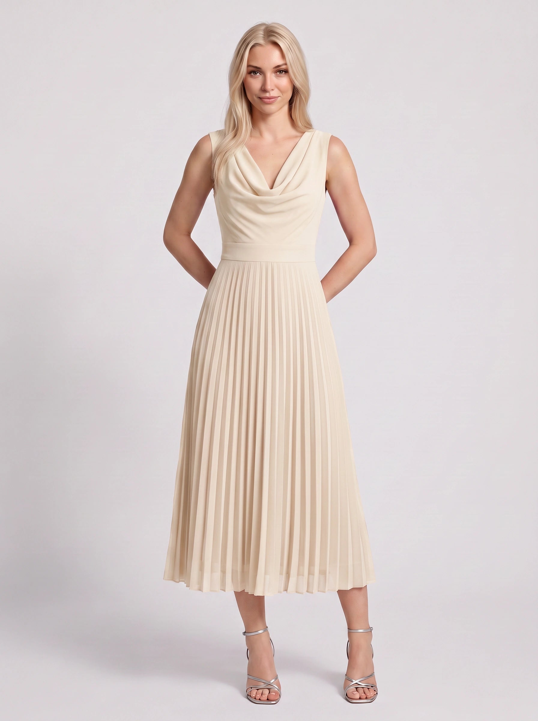 Drapena Cowl Neck Pleated Maxi Dress – Sleeveless Elegant Evening Women Formal Wedding Guest Maxi Dress