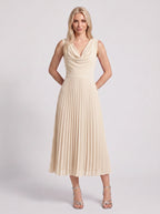 Drapena Cowl Neck Pleated Maxi Dress – Sleeveless Elegant Evening Women Formal Wedding Guest Maxi Dress