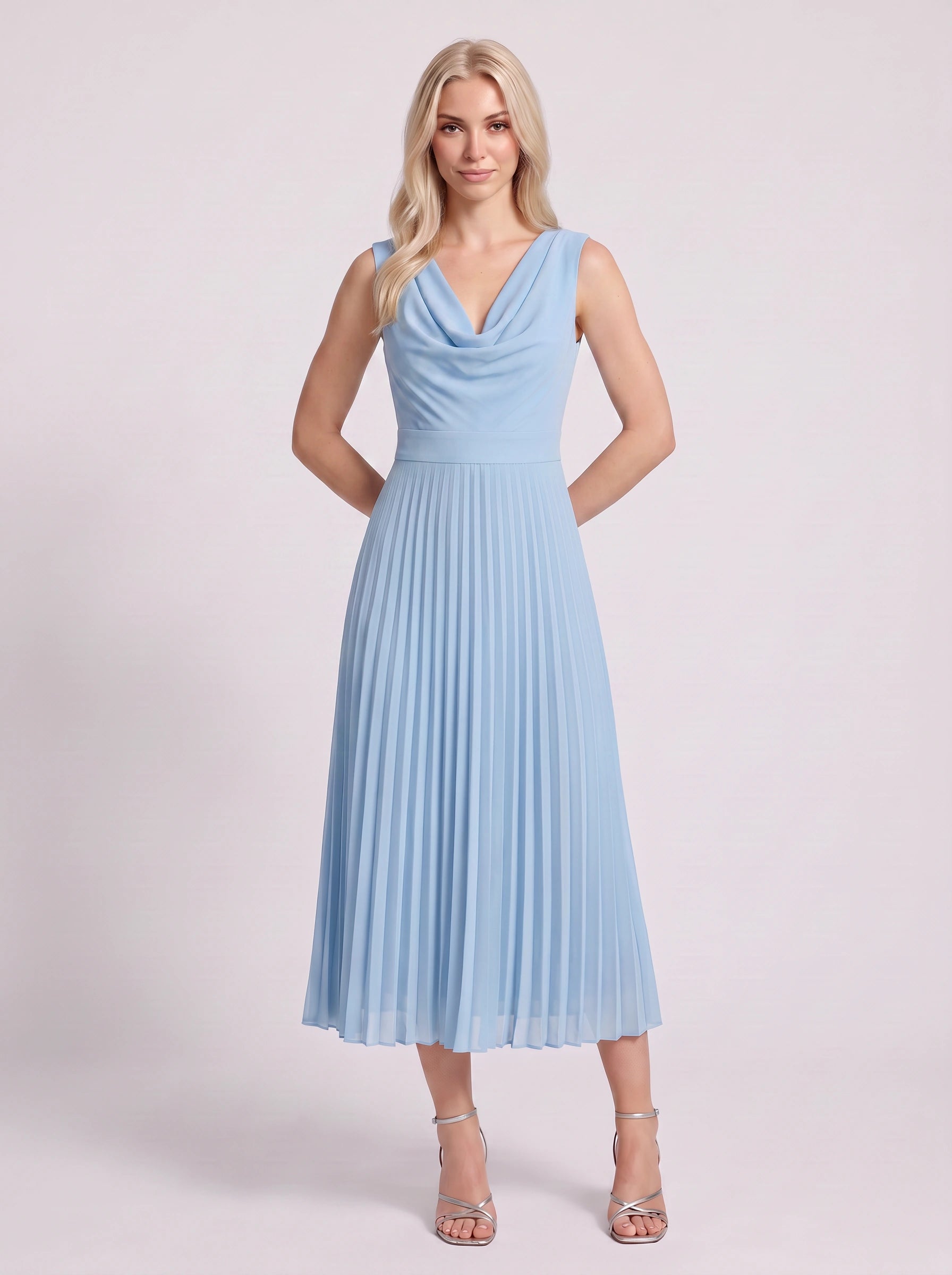 Drapena Cowl Neck Pleated Maxi Dress – Sleeveless Elegant Evening Women Formal Wedding Guest Maxi Dress
