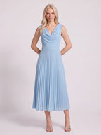 Drapena Cowl Neck Pleated Maxi Dress – Sleeveless Elegant Evening Women Formal Wedding Guest Maxi Dress