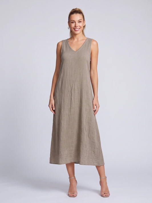 Lincora V-Neck Sleeveless Maxi Dress – Linen Maxi Dress Women Summer Beach Holiday Casual Boho Dress