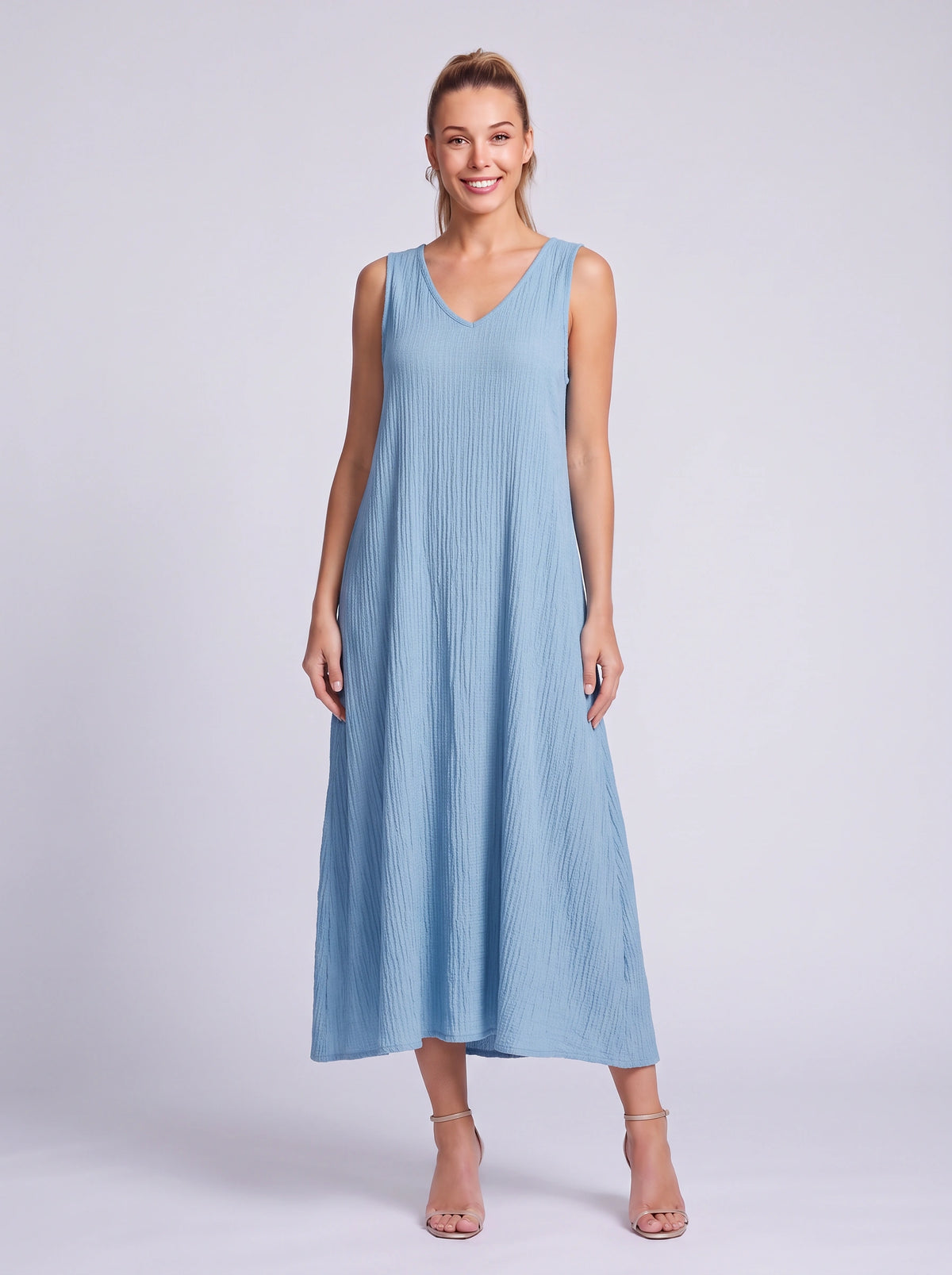 Lincora V-Neck Sleeveless Maxi Dress – Linen Maxi Dress Women Summer Beach Holiday Casual Boho Dress