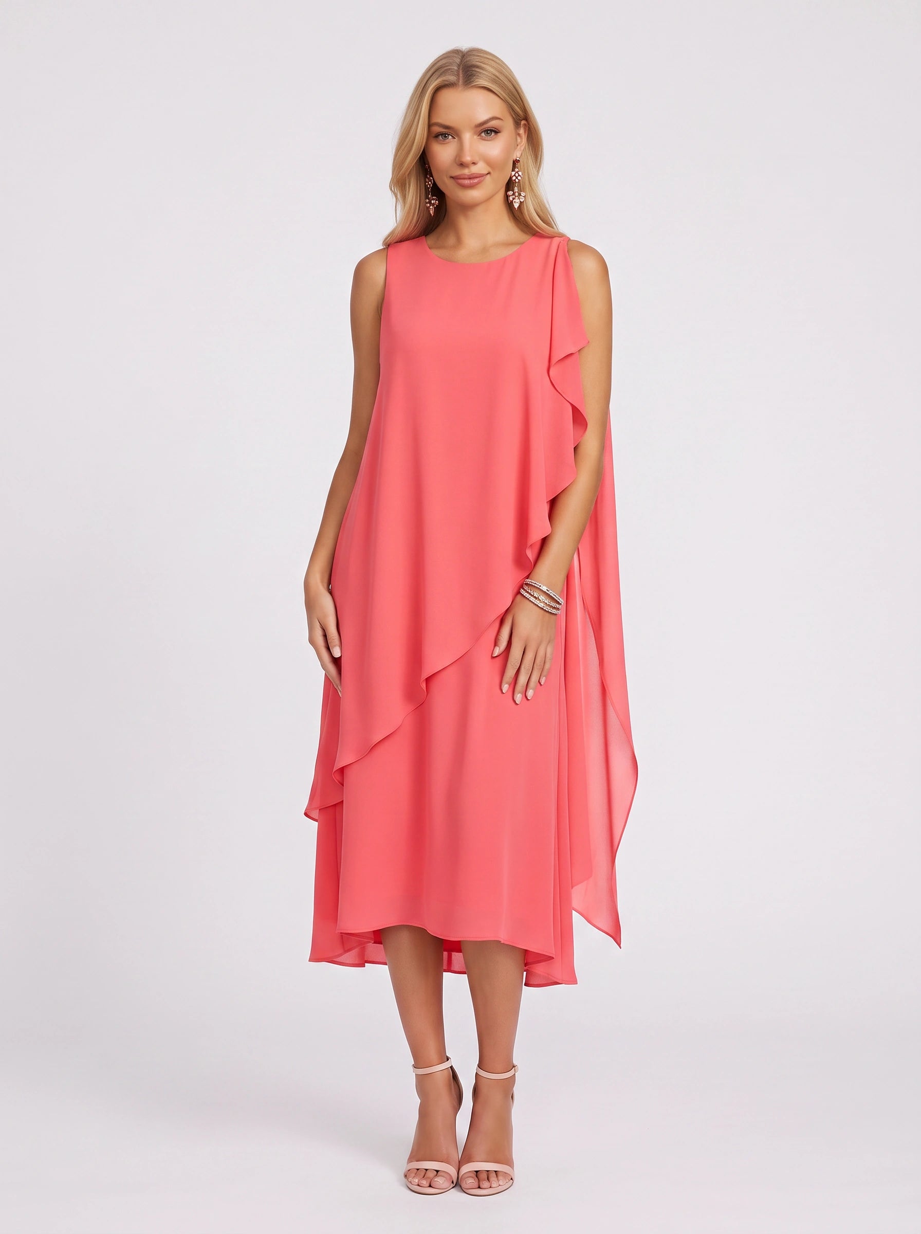 Coralaye Asymmetric Overlay Midi Dress – Chiffon Shift Dress Women Wedding Guest Party Cocktail Evening Sleeveless Midi Dress