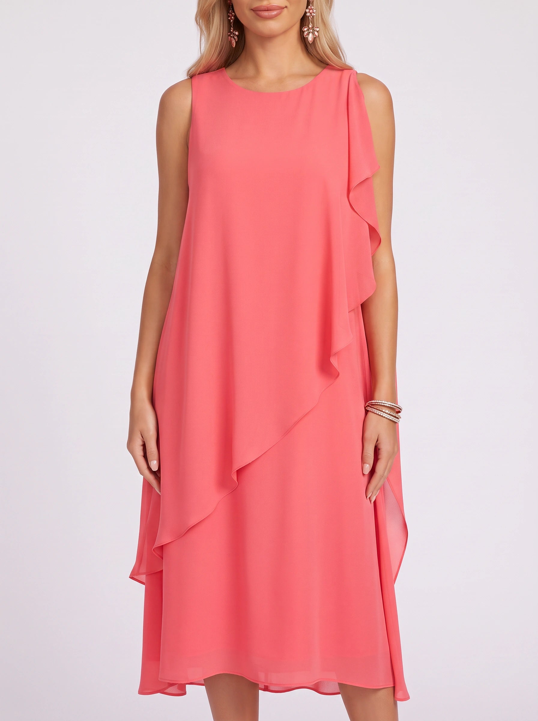 Coralaye Asymmetric Overlay Midi Dress – Chiffon Shift Dress Women Wedding Guest Party Cocktail Evening Sleeveless Midi Dress