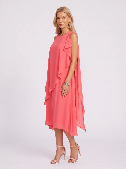 Coralaye Asymmetric Overlay Midi Dress – Chiffon Shift Dress Women Wedding Guest Party Cocktail Evening Sleeveless Midi Dress