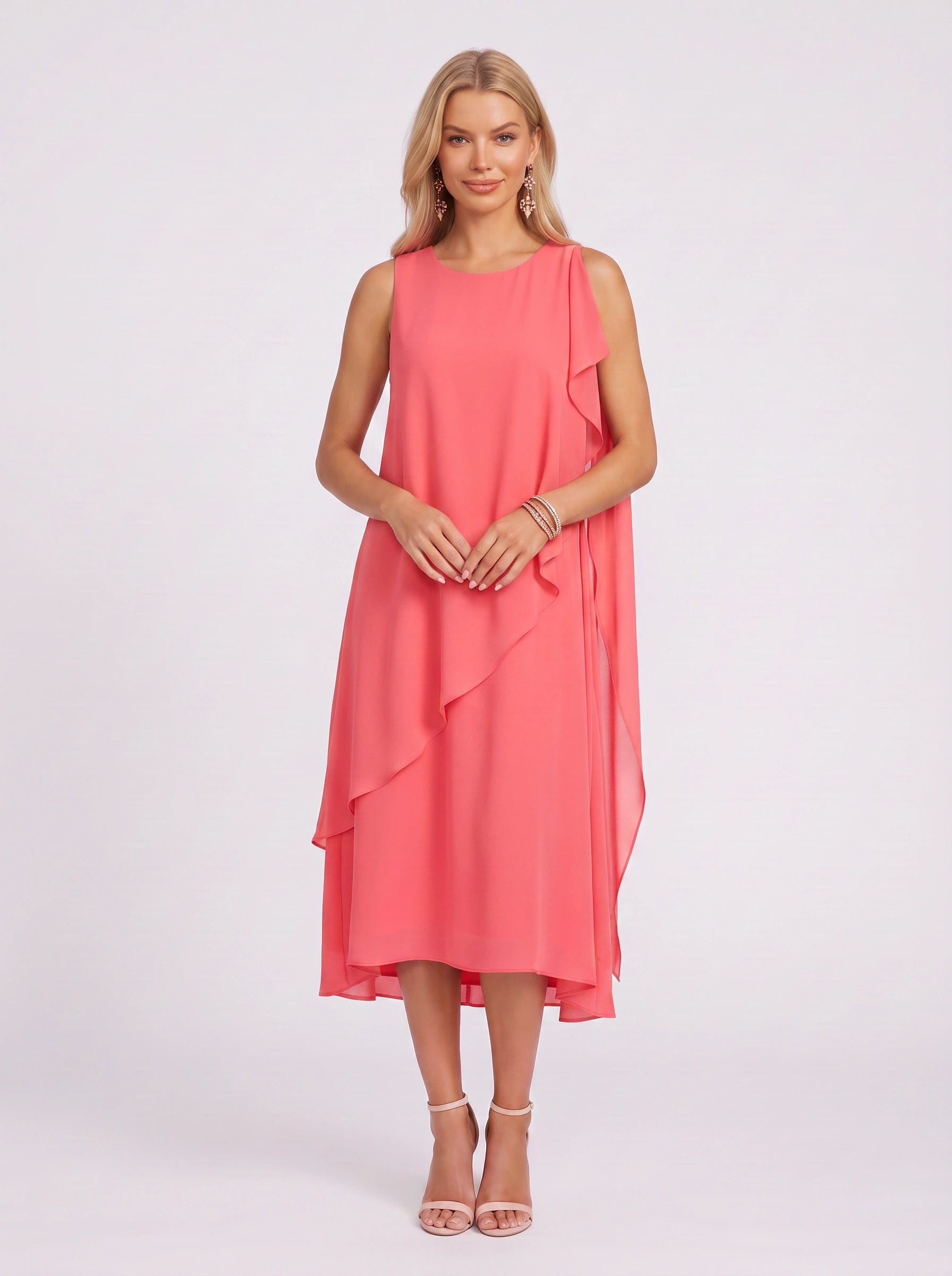 Coralaye Asymmetric Overlay Midi Dress – Chiffon Shift Dress Women Wedding Guest Party Cocktail Evening Sleeveless Midi Dress