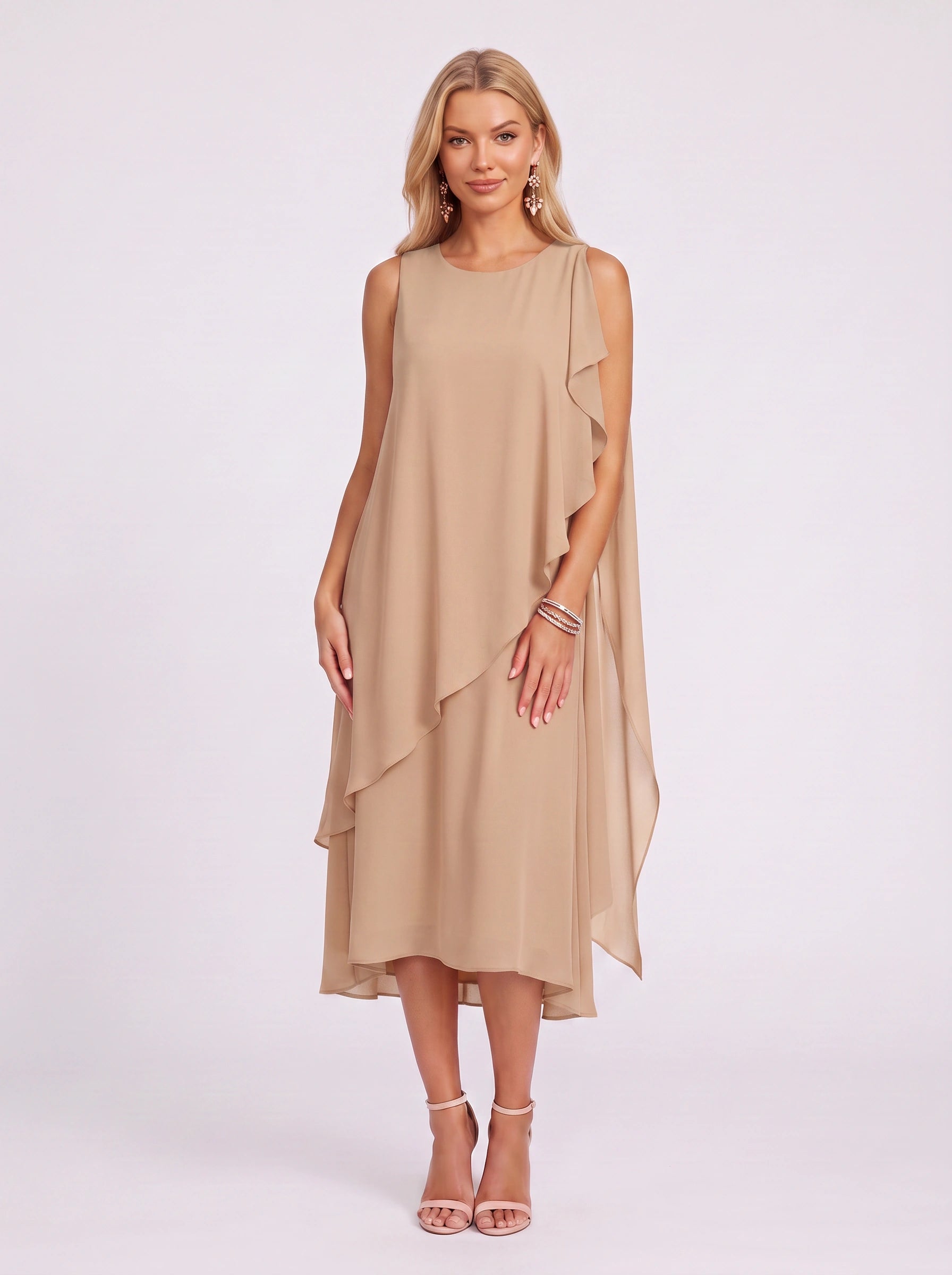Coralaye Asymmetric Overlay Midi Dress – Chiffon Shift Dress Women Wedding Guest Party Cocktail Evening Sleeveless Midi Dress
