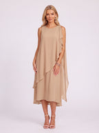 Coralaye Asymmetric Overlay Midi Dress – Chiffon Shift Dress Women Wedding Guest Party Cocktail Evening Sleeveless Midi Dress