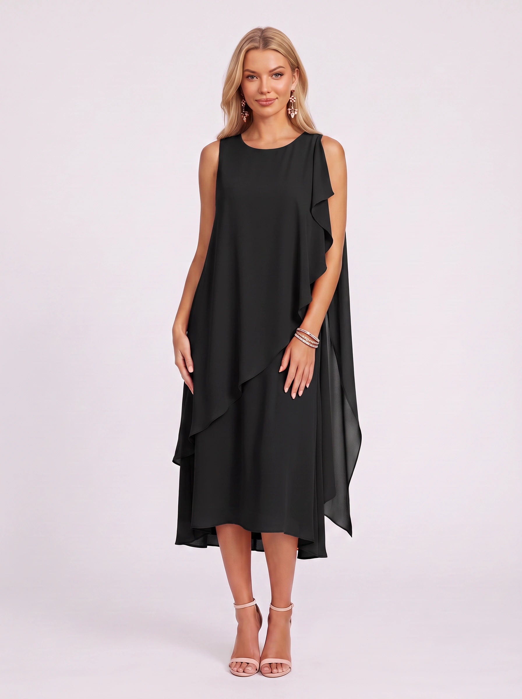 Coralaye Asymmetric Overlay Midi Dress – Chiffon Shift Dress Women Wedding Guest Party Cocktail Evening Sleeveless Midi Dress