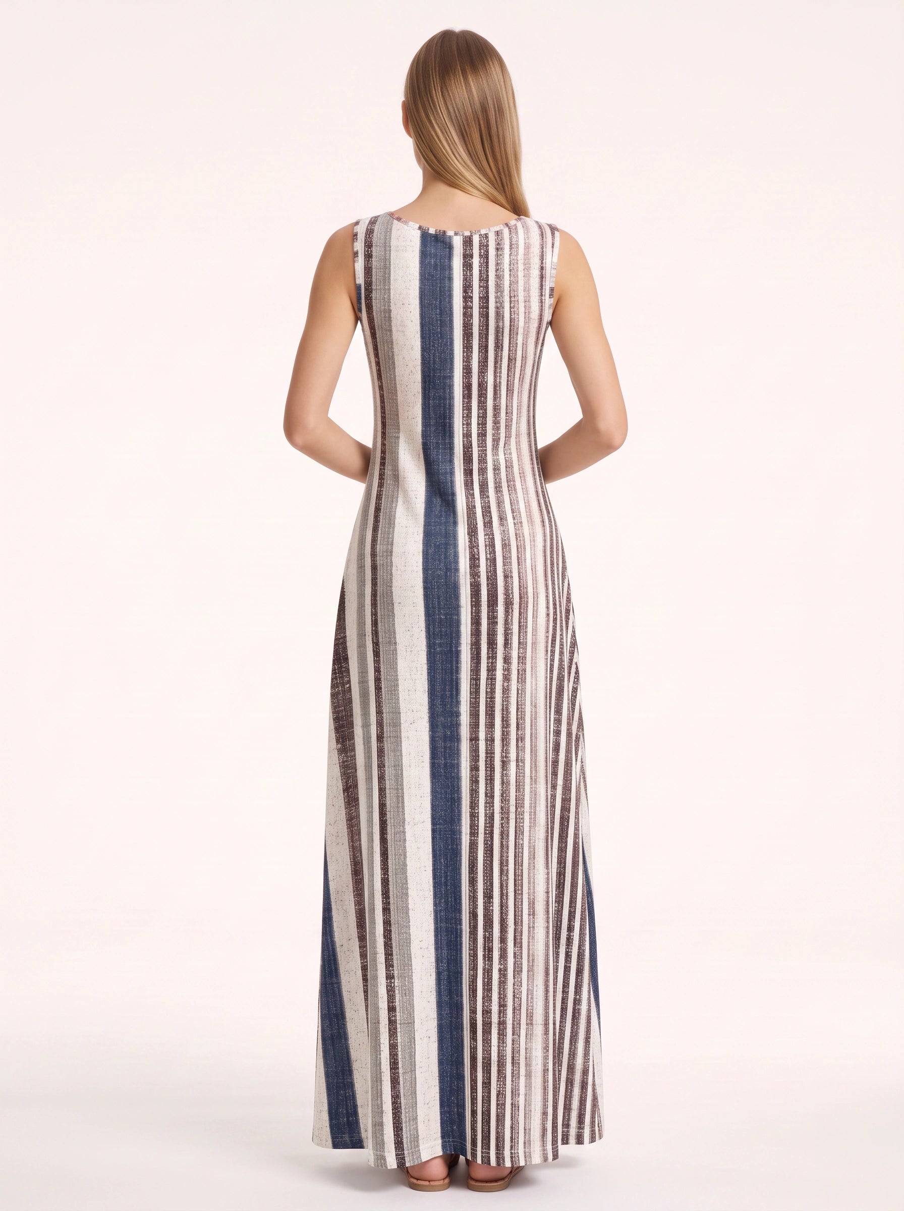 Brigata Striped Linen Maxi Dress – Sleeveless Women Summer Holiday Beach Casual Boho Striped Maxi Dress