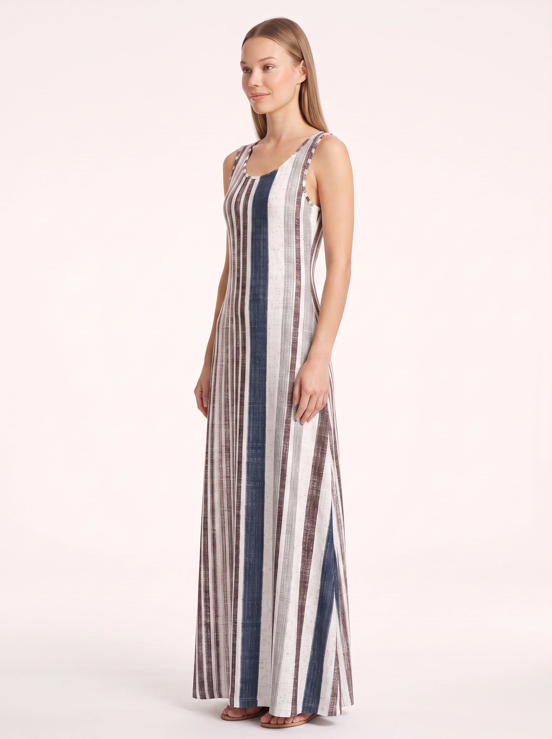 Brigata Striped Linen Maxi Dress – Sleeveless Women Summer Holiday Beach Casual Boho Striped Maxi Dress