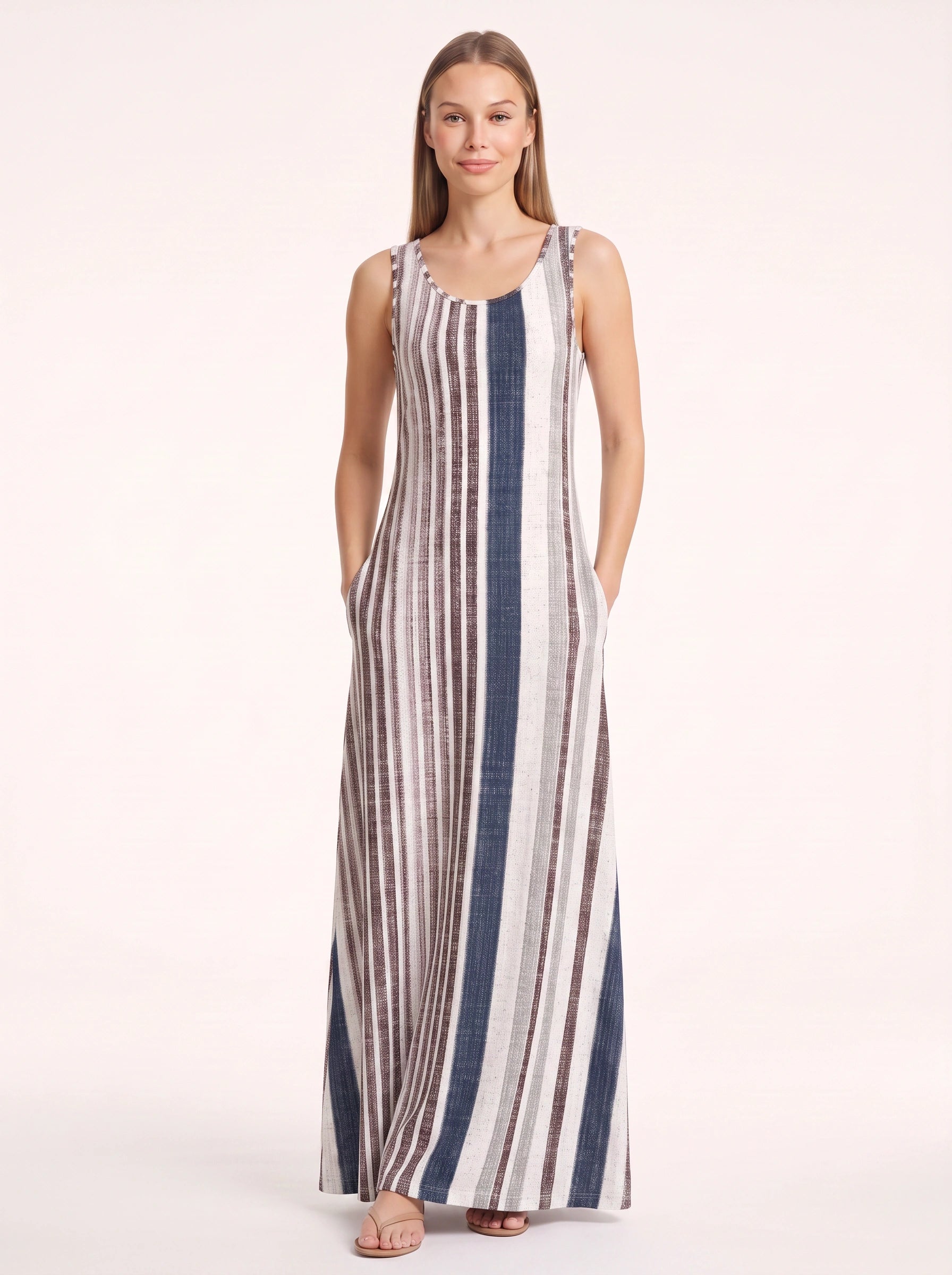 Brigata Striped Linen Maxi Dress – Sleeveless Women Summer Holiday Beach Casual Boho Striped Maxi Dress
