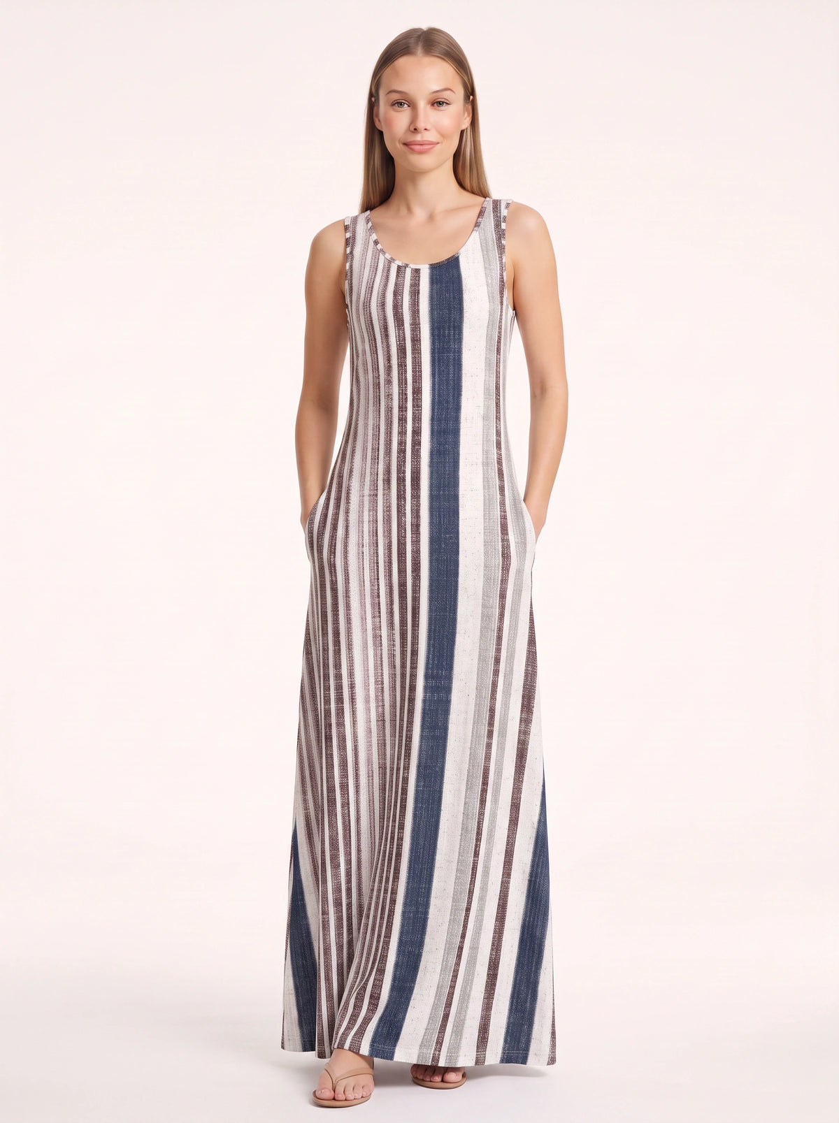 Brigata Striped Linen Maxi Dress – Sleeveless Women Summer Holiday Beach Casual Boho Striped Maxi Dress