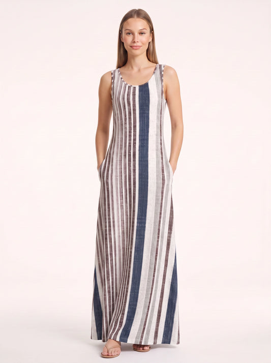 Brigata Striped Linen Maxi Dress – Sleeveless Women Summer Holiday Beach Casual Boho Striped Maxi Dress