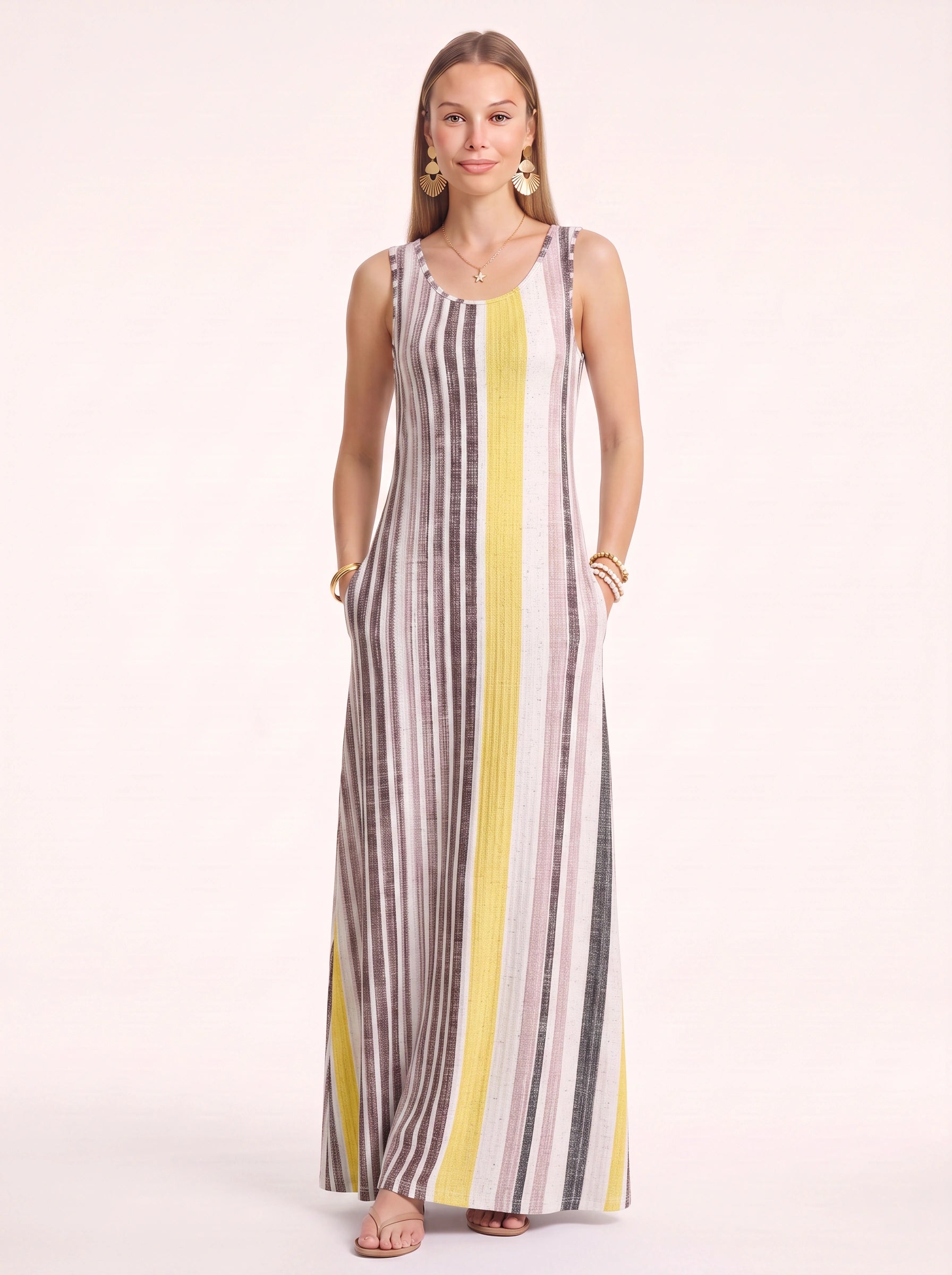 Brigata Striped Linen Maxi Dress – Sleeveless Women Summer Holiday Beach Casual Boho Striped Maxi Dress