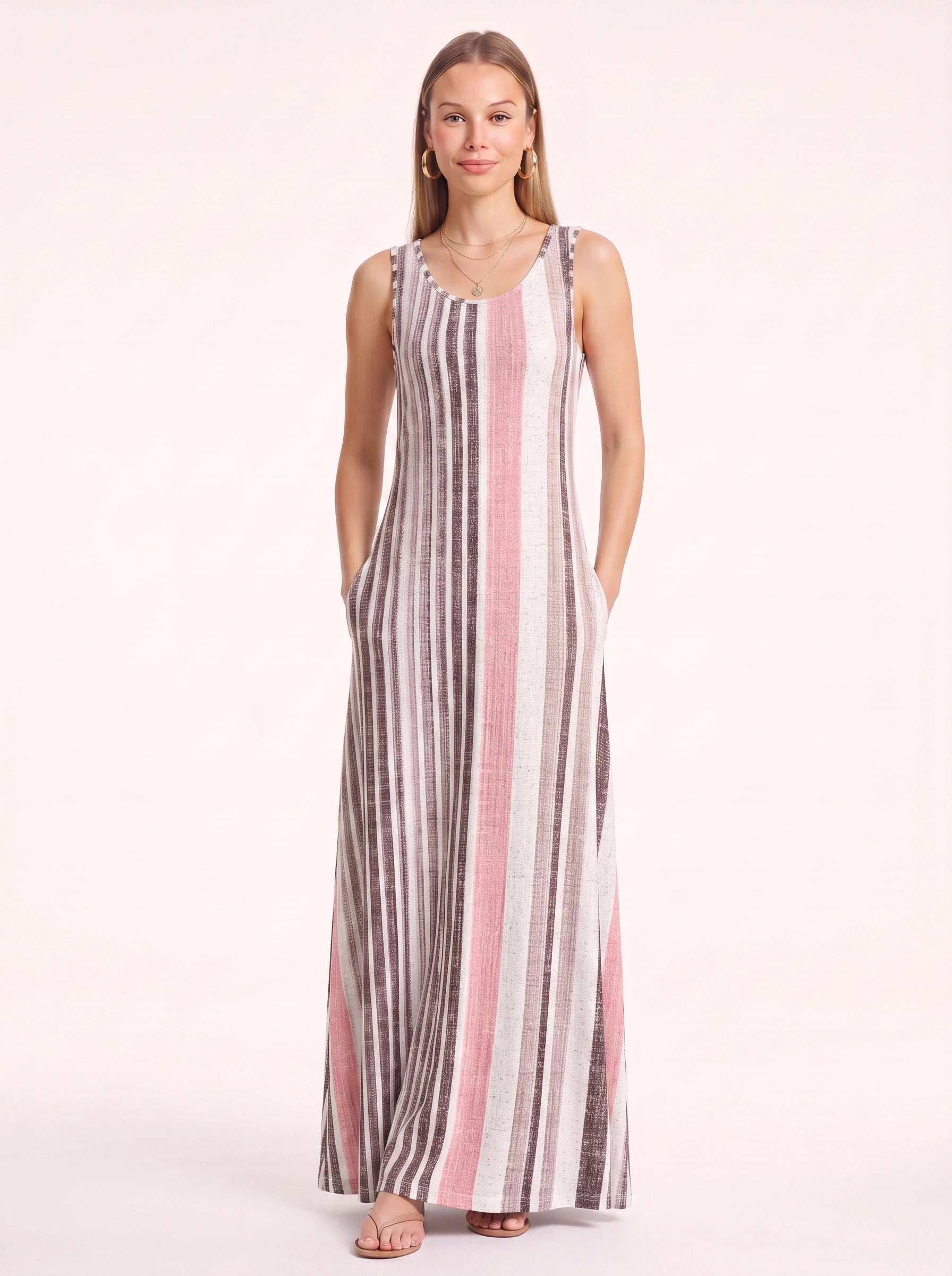 Brigata Striped Linen Maxi Dress – Sleeveless Women Summer Holiday Beach Casual Boho Striped Maxi Dress