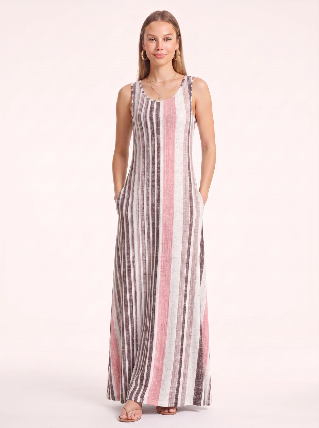 Brigata Striped Linen Maxi Dress – Sleeveless Women Summer Holiday Beach Casual Boho Striped Maxi Dress