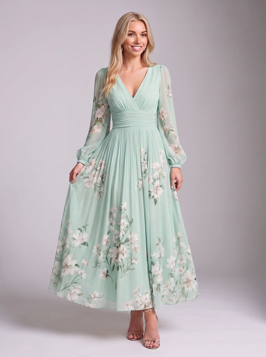 Fiorrena Pleated Chiffon Maxi Dress – Floral Print Long Sleeve Women Wedding Guest Formal Evening Maxi Dress
