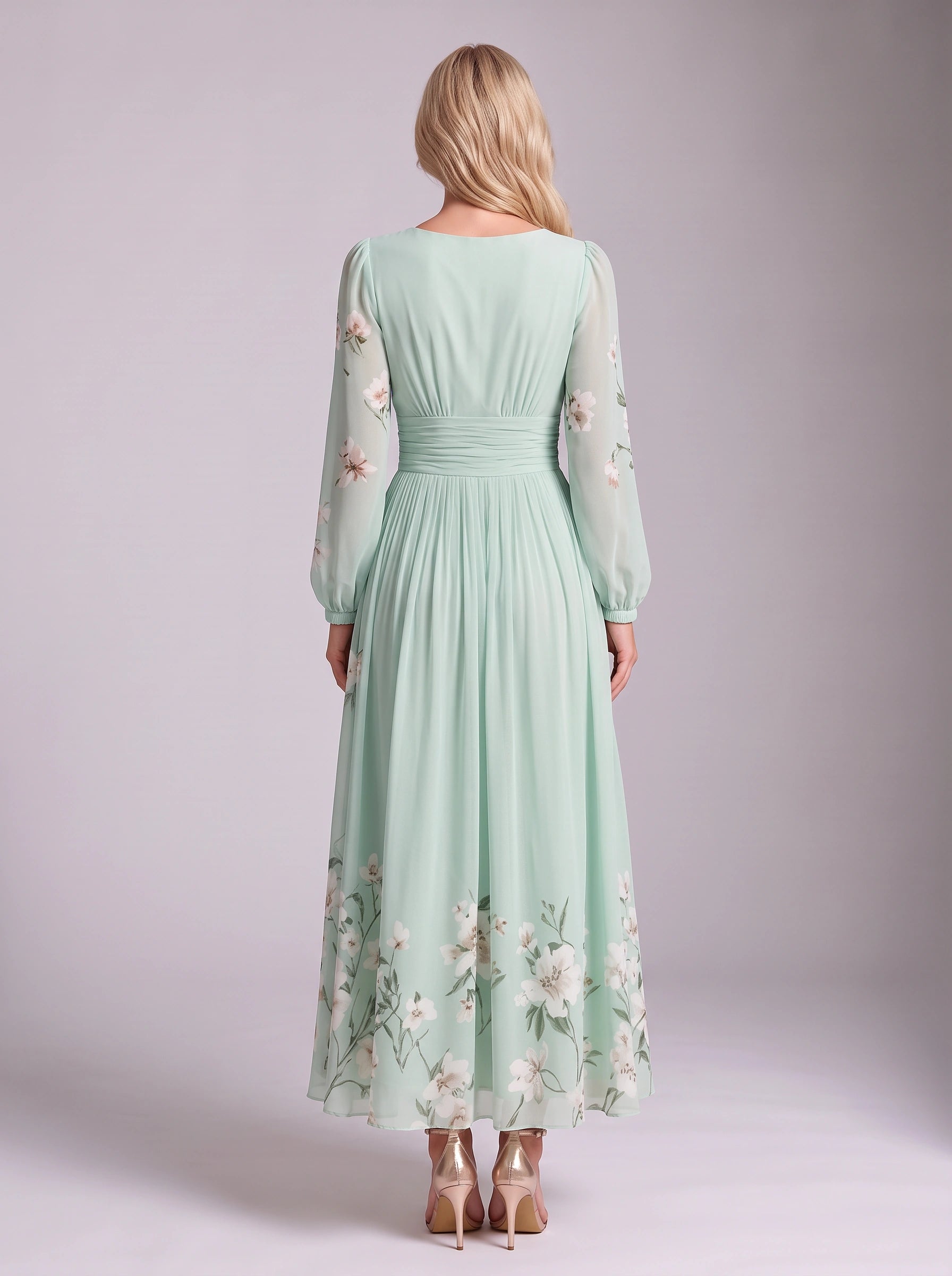 Fiorrena Pleated Chiffon Maxi Dress – Floral Print Long Sleeve Women Wedding Guest Formal Evening Maxi Dress