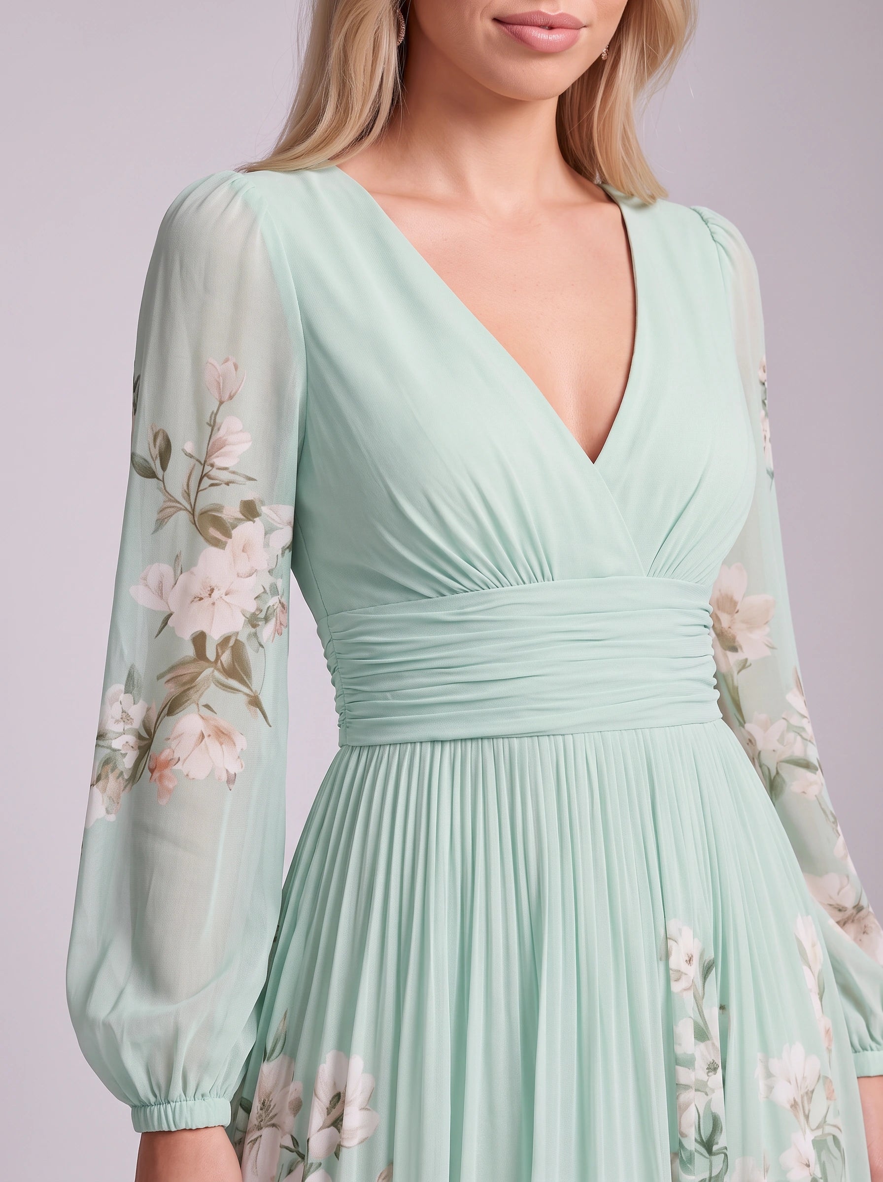 Fiorrena Pleated Chiffon Maxi Dress – Floral Print Long Sleeve Women Wedding Guest Formal Evening Maxi Dress