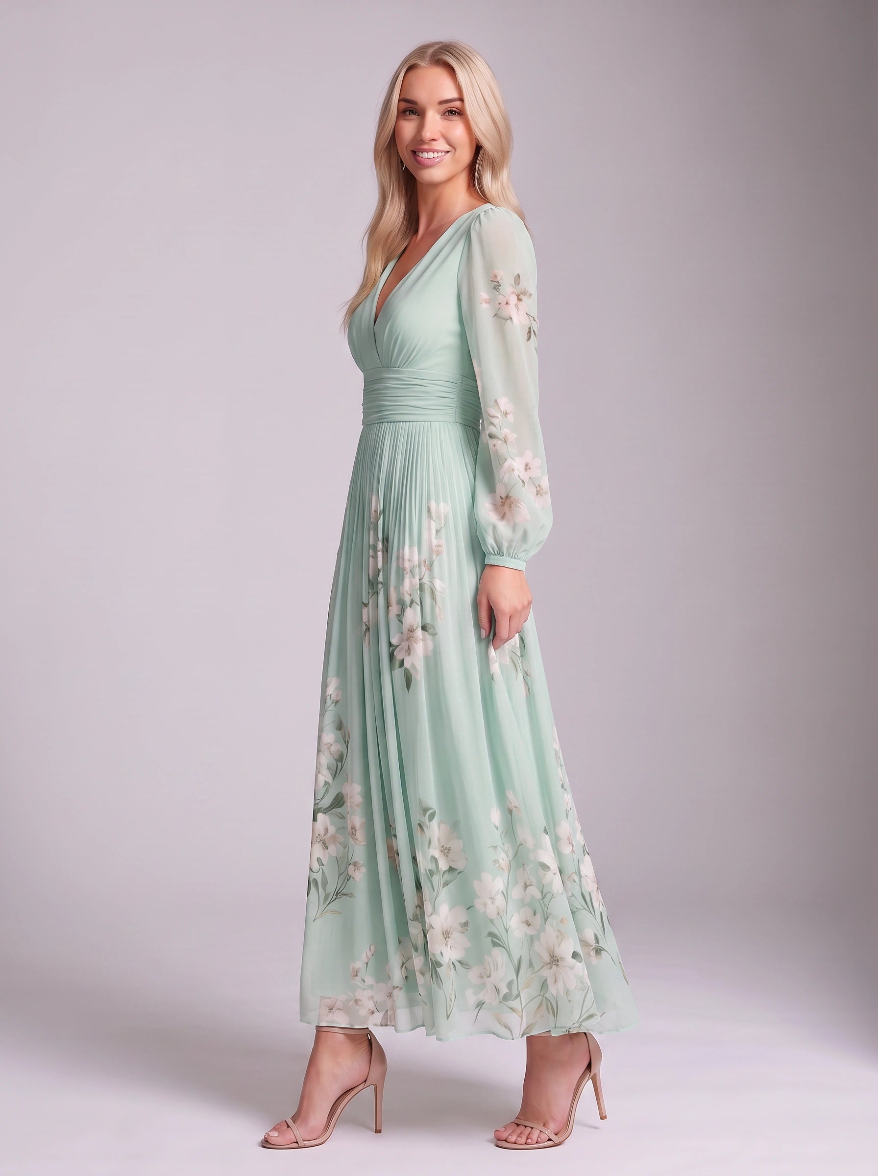 Fiorrena Pleated Chiffon Maxi Dress – Floral Print Long Sleeve Women Wedding Guest Formal Evening Maxi Dress